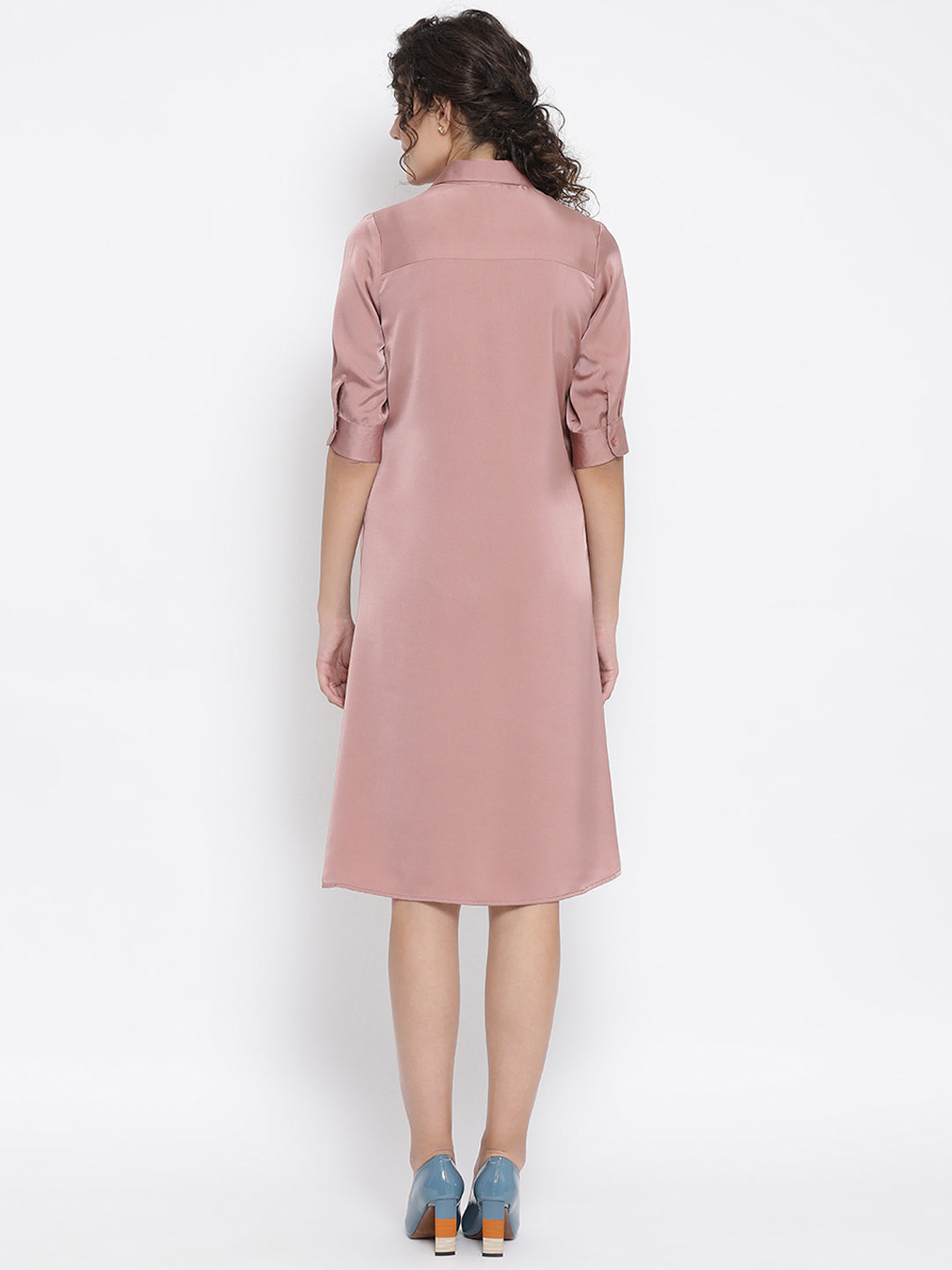 Pink Satin Drape Dress With Grey Flower Bunch Broach