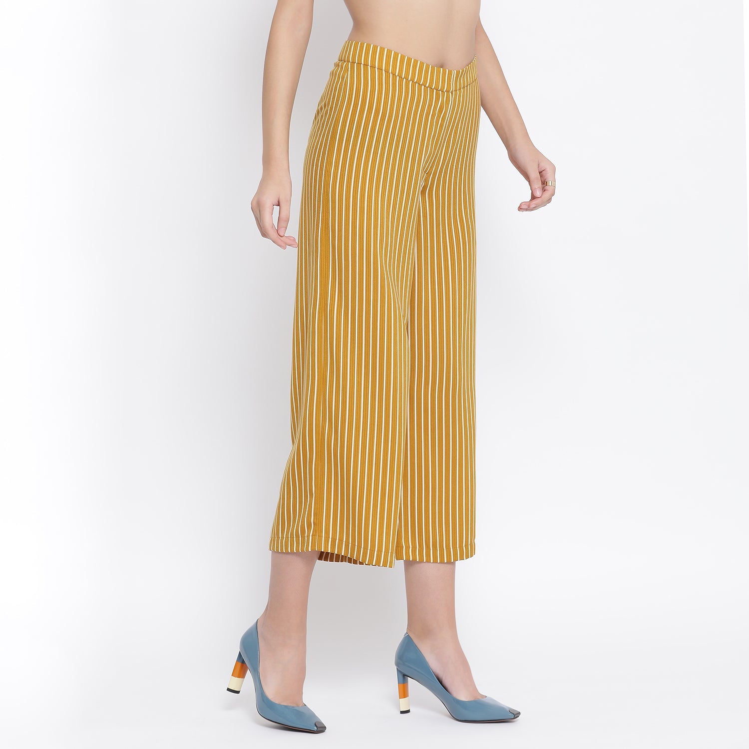 Yellow & White Stripe Crepe Trouser for Women-1