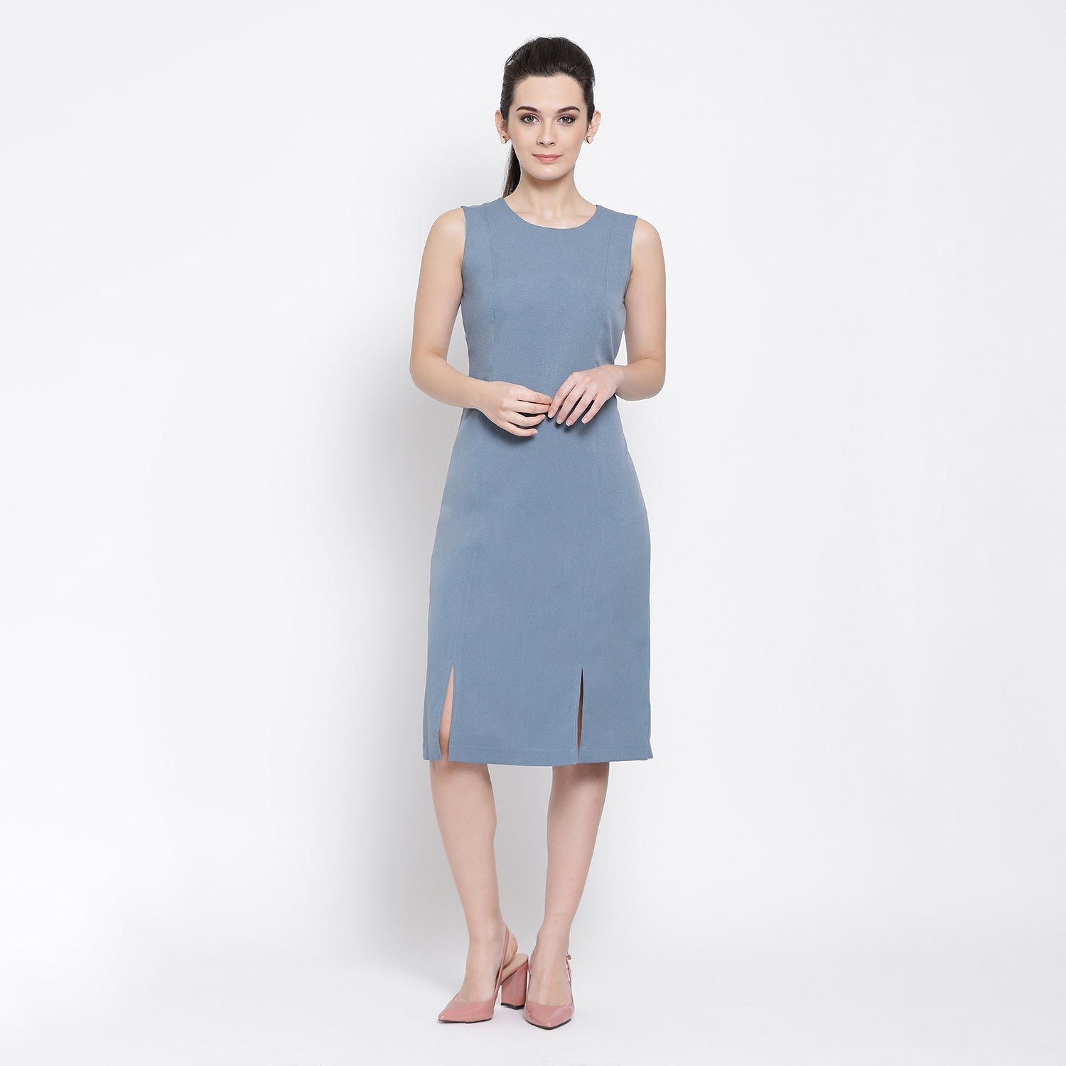 Pastel Blue Women Long Dresses for Office Wear-1