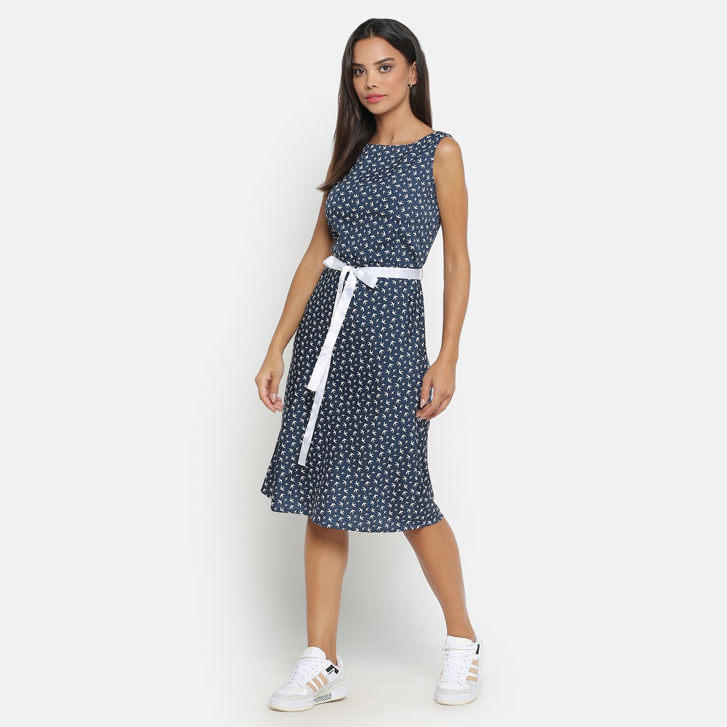 Blue Bird Printed Sleeveless Dress With White Belt