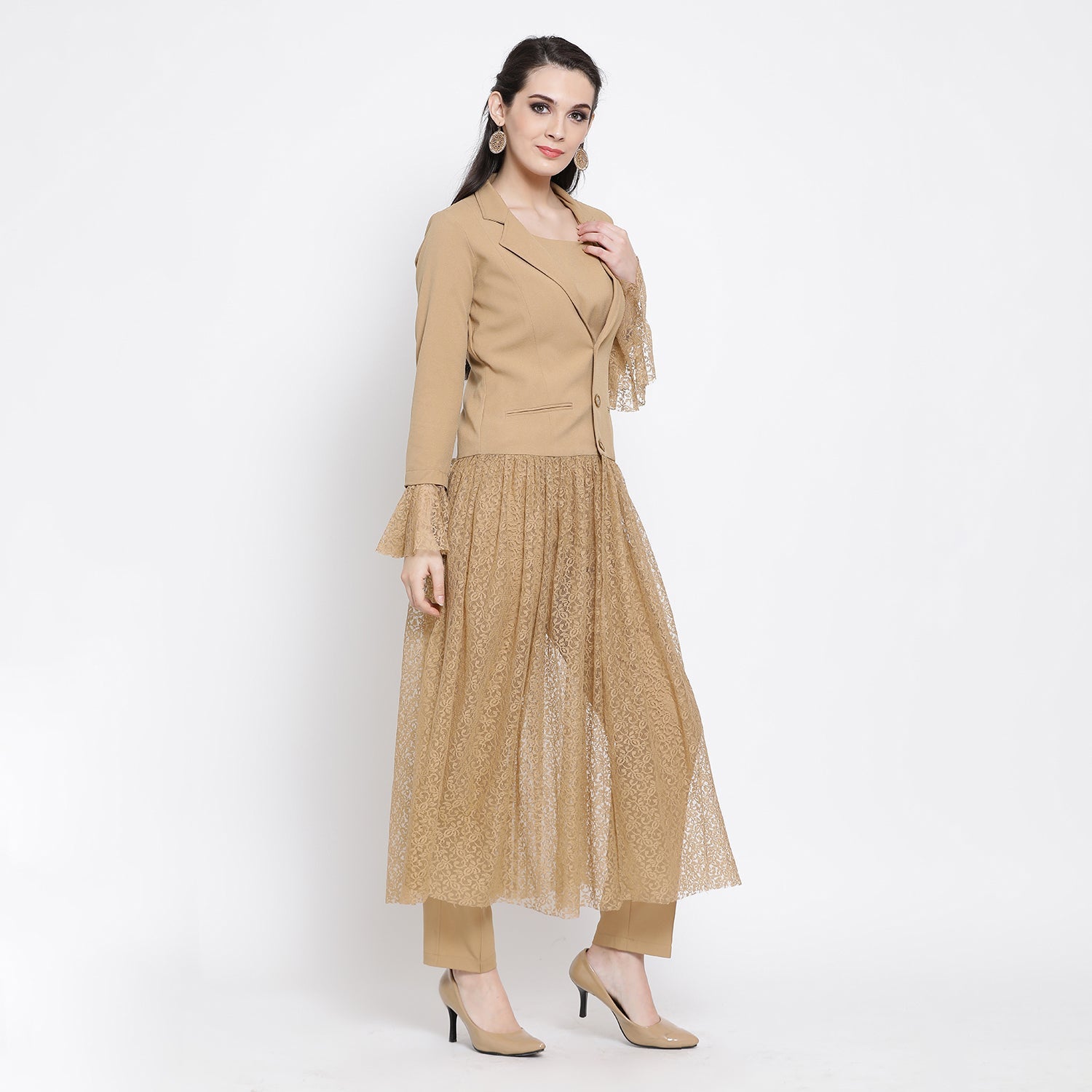 Beige Flower Net Jacket for Women-3