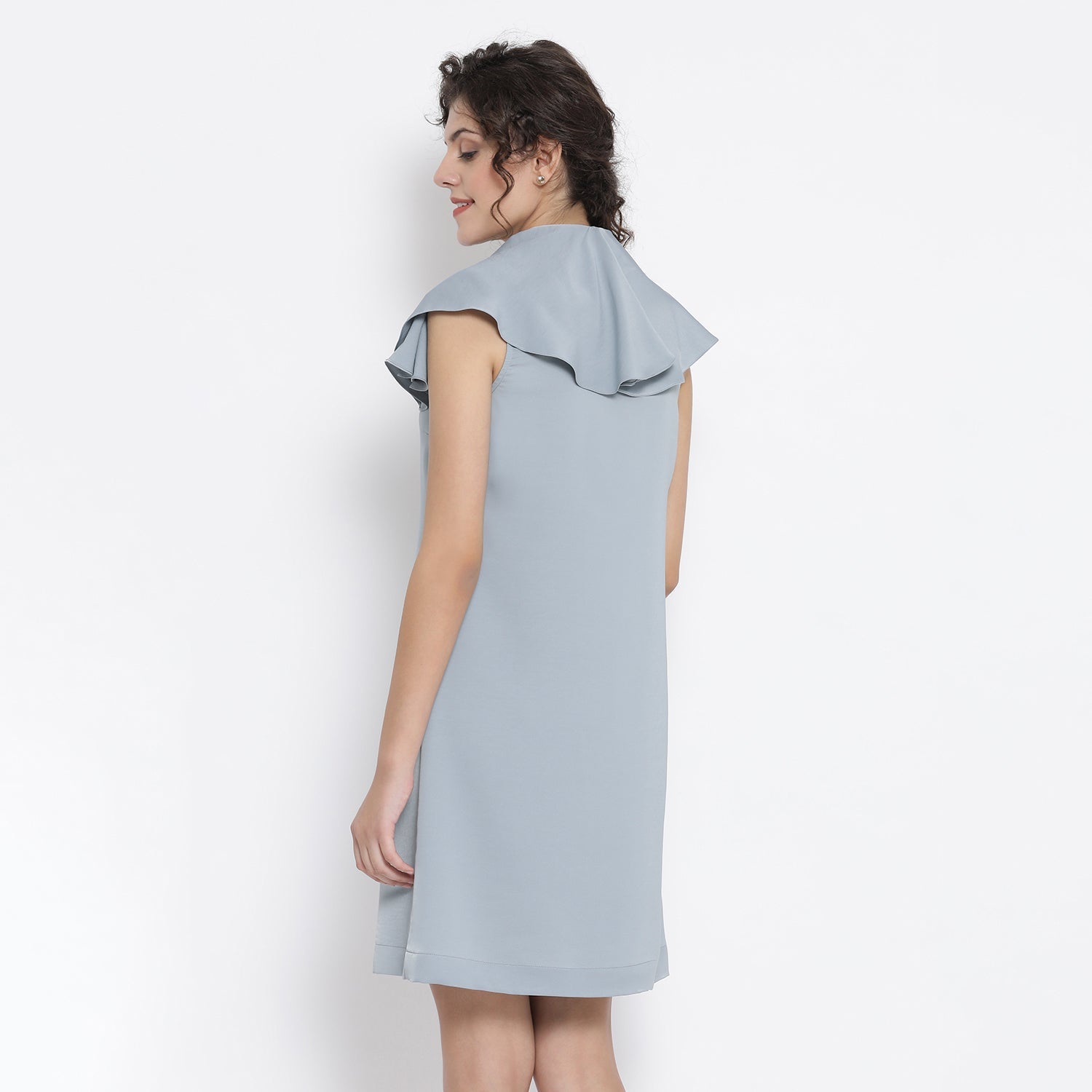 Blue Drape Sleeve Women Dresses for Office Wear-3