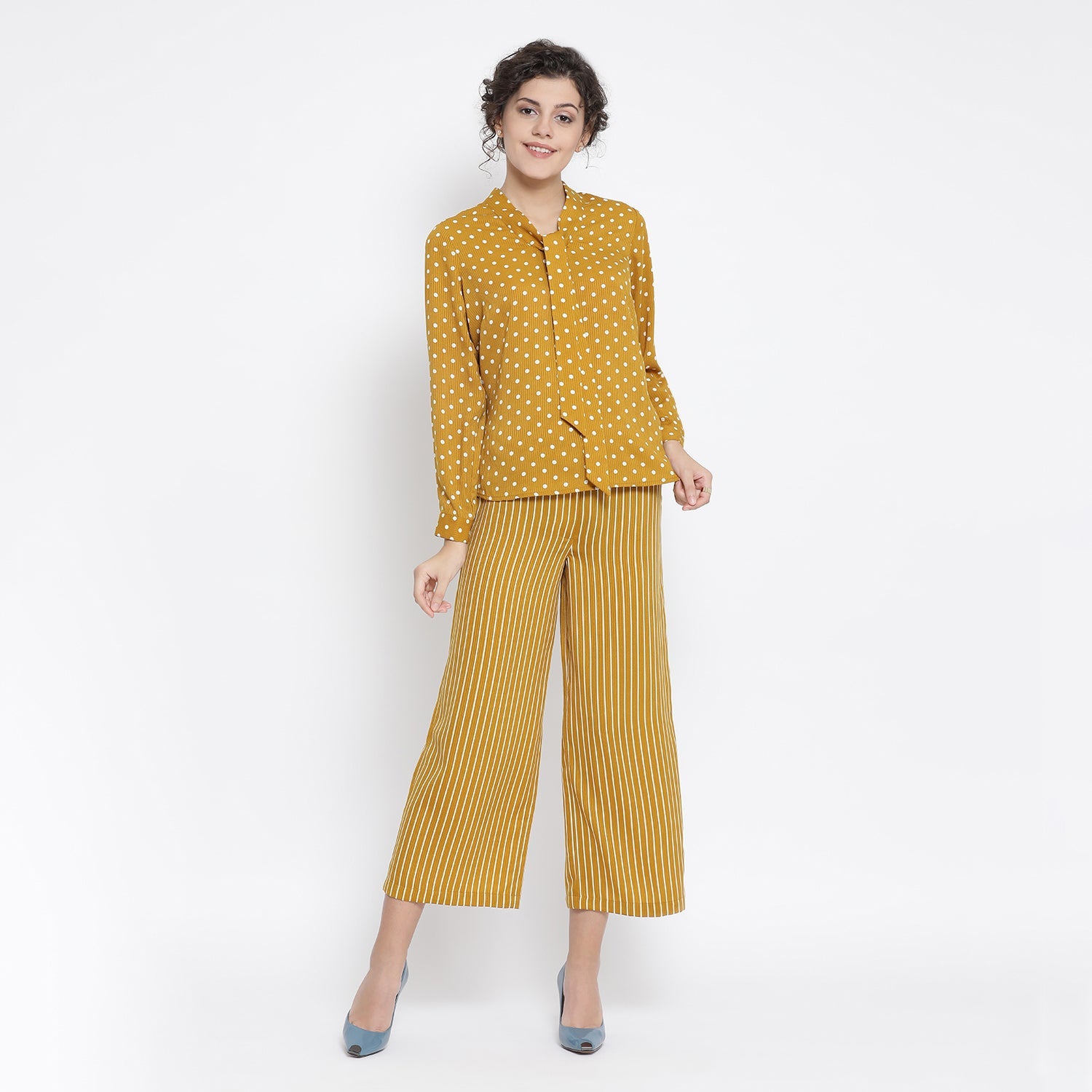 Yellow And White Polka Top for Women-3