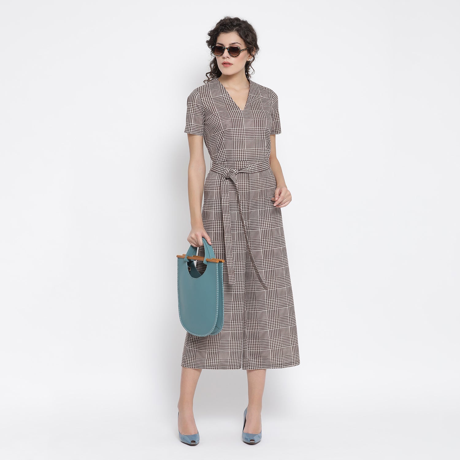 Brown Check Jumpsuit With Belt Knot