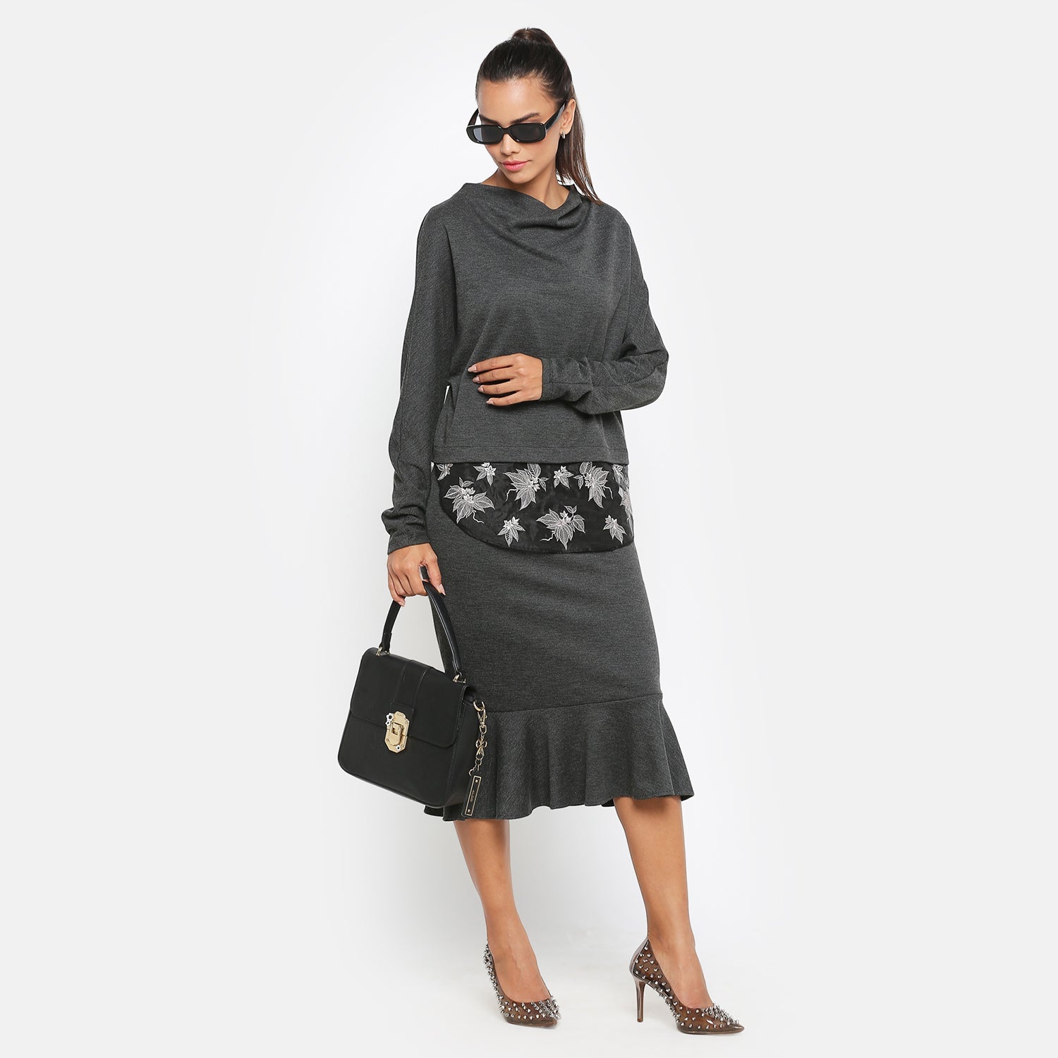 Dark Grey Top With Organza Embroidery