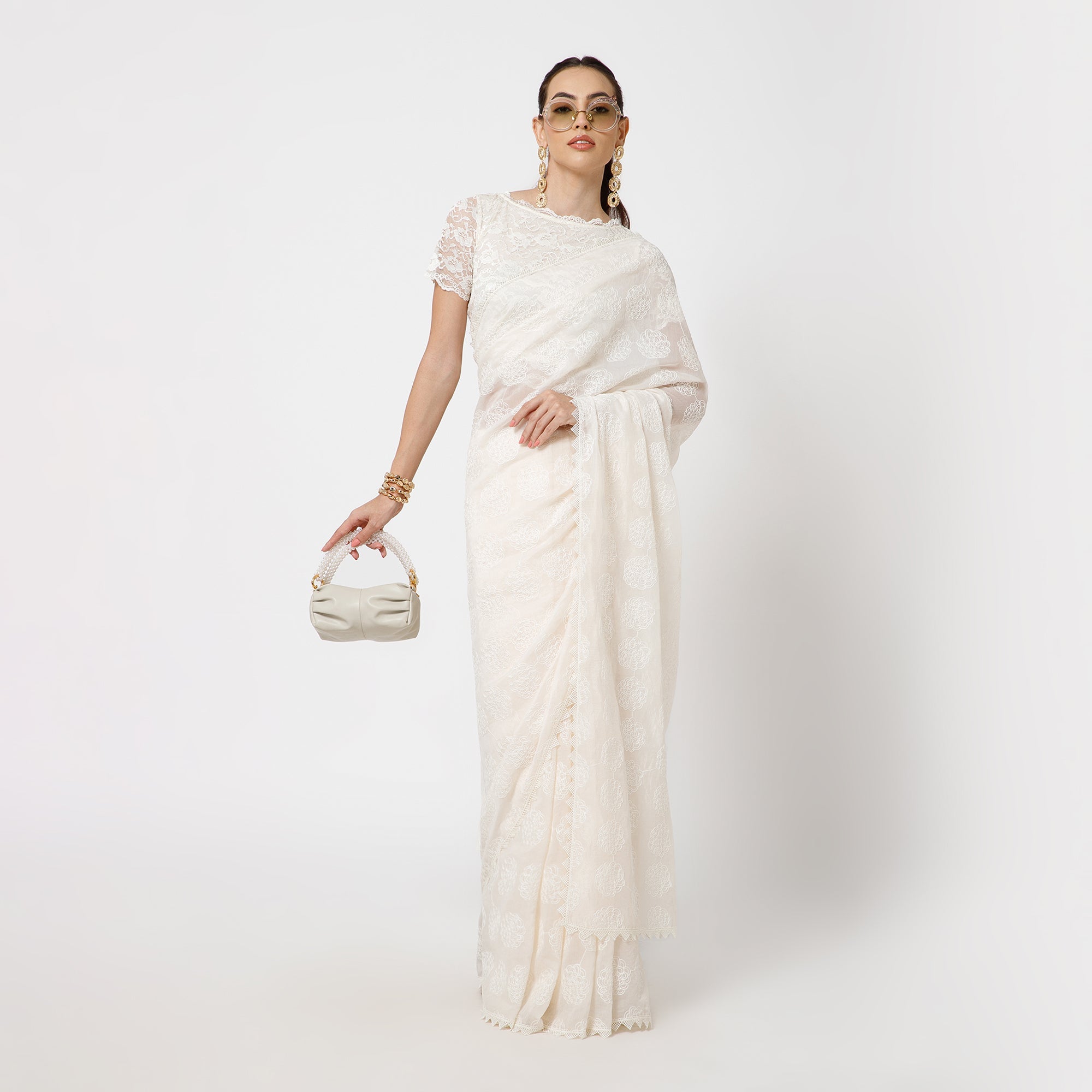 Off White Floral Embroidery Saree-6