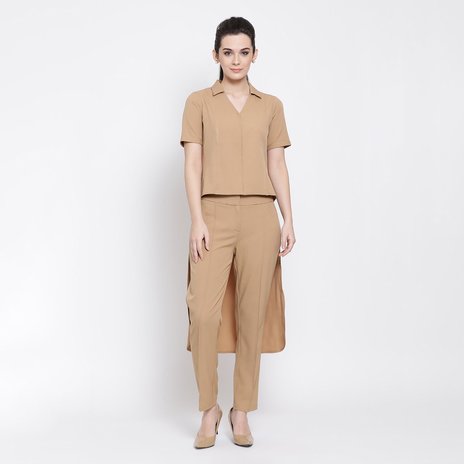 Beige Asymmetric Shirt for Women-1