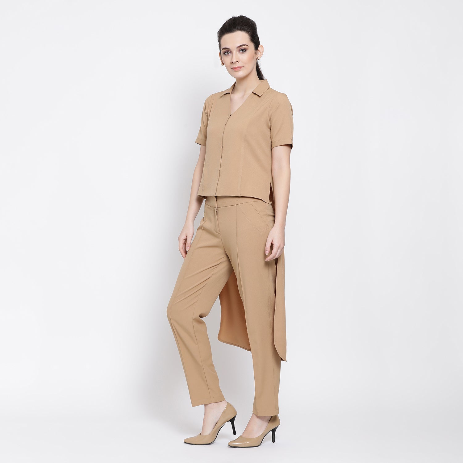 Beige Asymmetric Shirt for Women-2