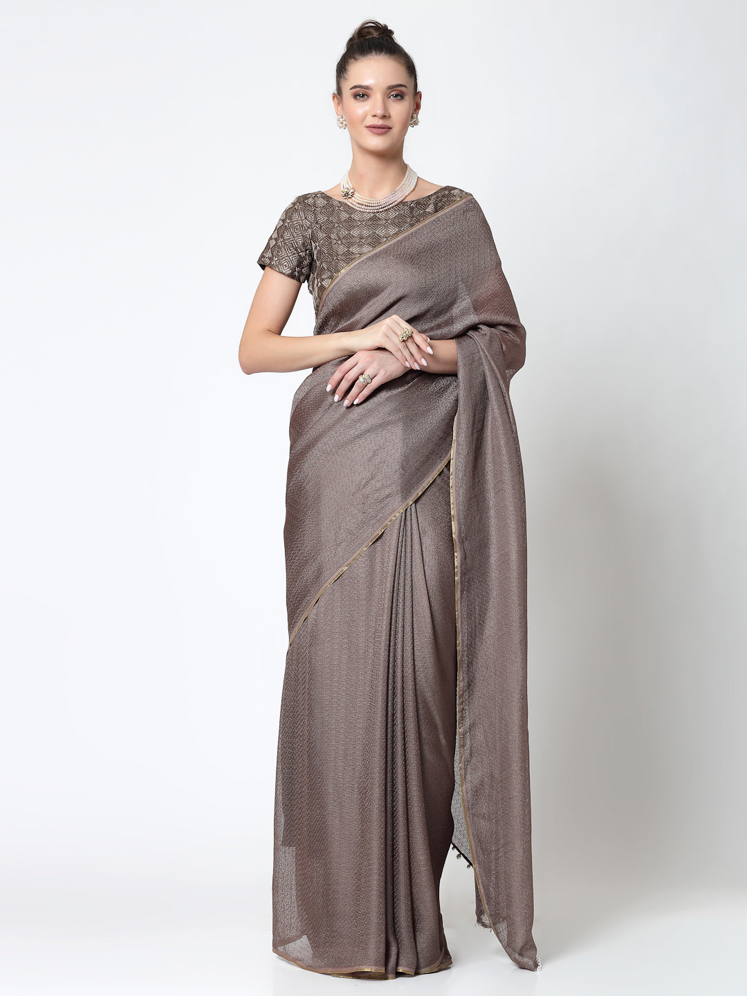 Beige Jute Saree With Pearls, Professional Sarees for Women - Traditional Workwear Elegance