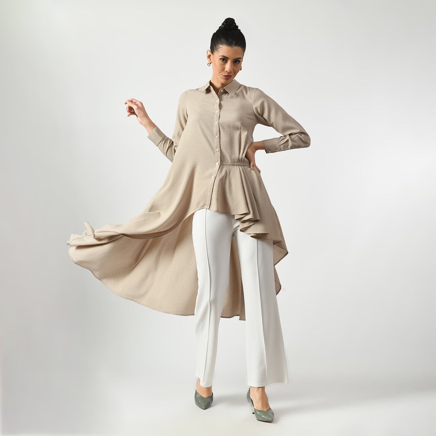 Beige Line Texture Long Tunic for Women -5