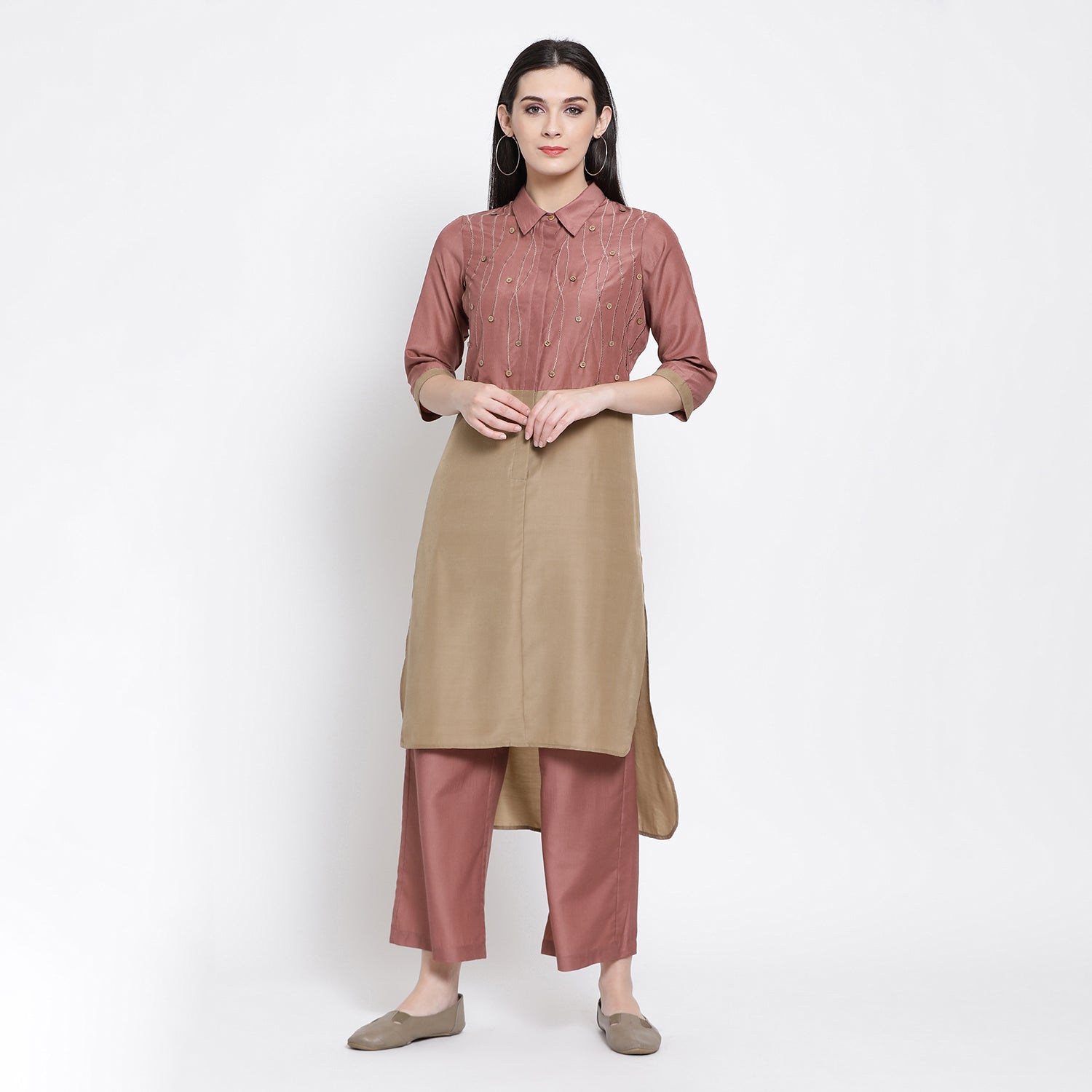 Beige & Peach Long Shirt for Women
