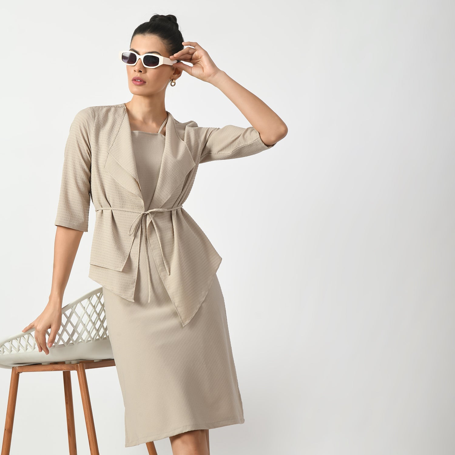 Beige Texture Halter Office Wear Dresses for Women-5