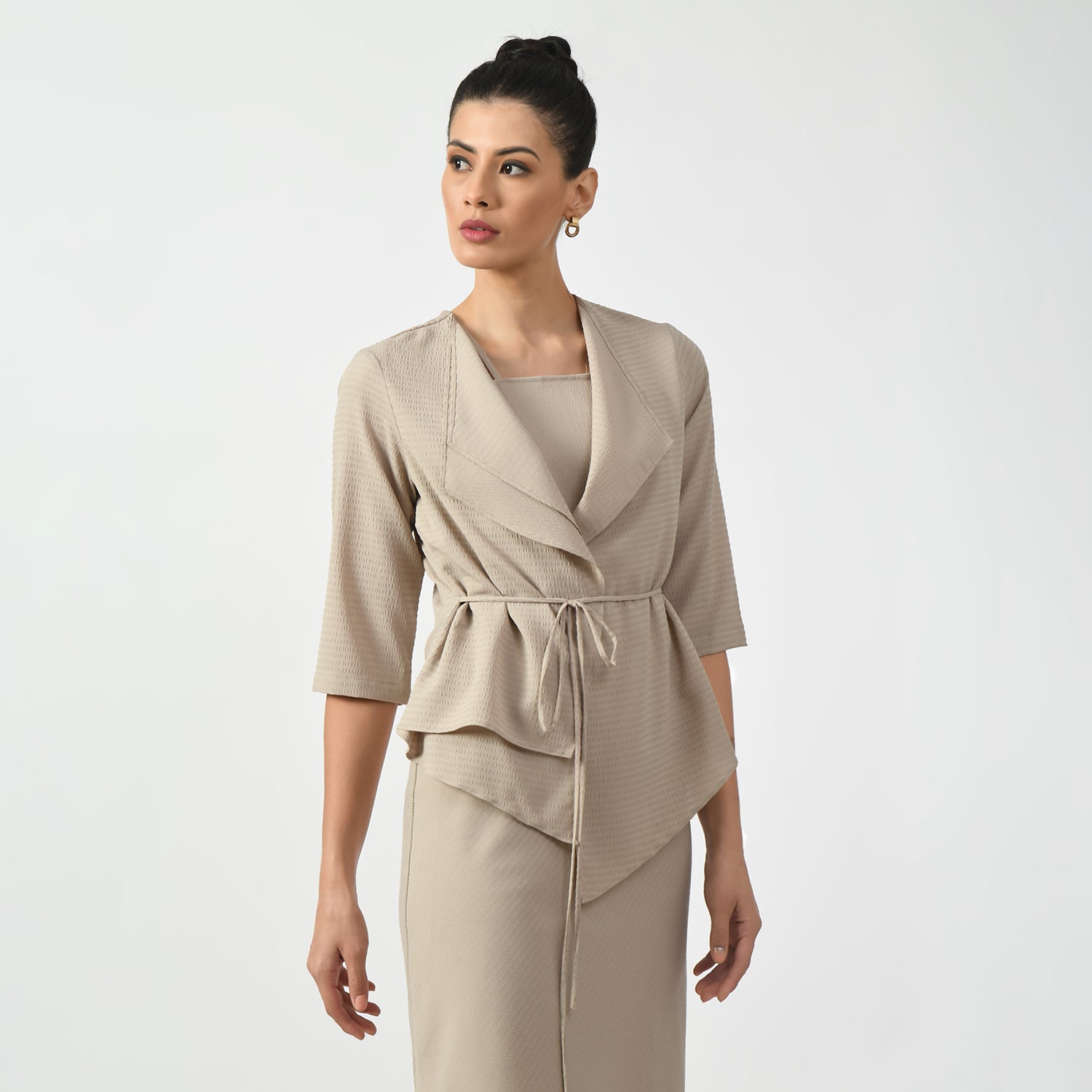 Beige Textured Wrap Jacket-1