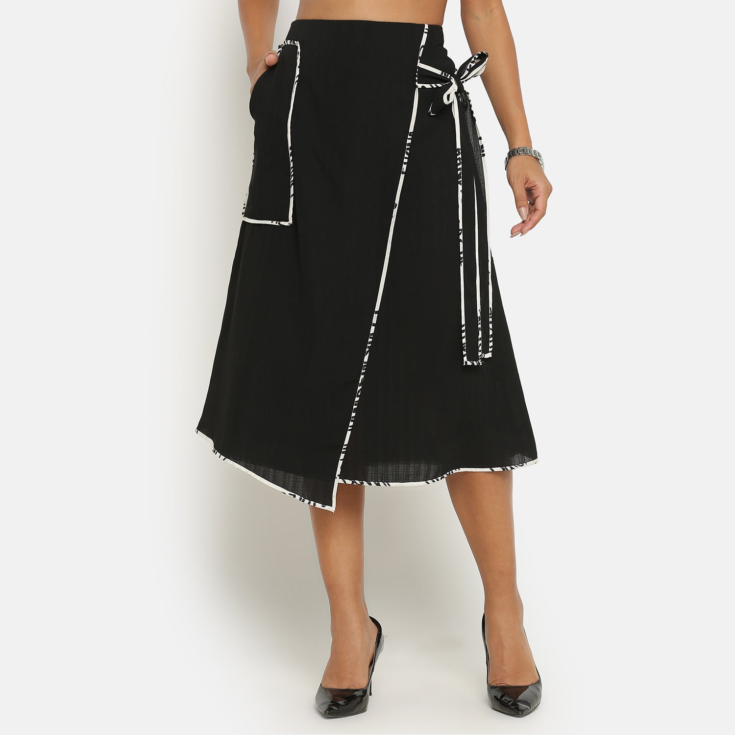 Black Asymmetrical Skirt With Contrast Piping, frocks for women
indian designer skirts?