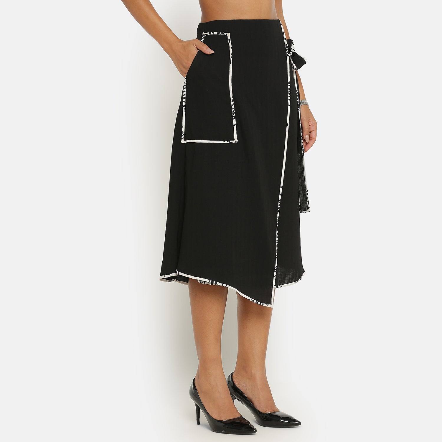 Black Asymmetrical Skirt With Contrast Piping, frocks for women
indian designer skirts?