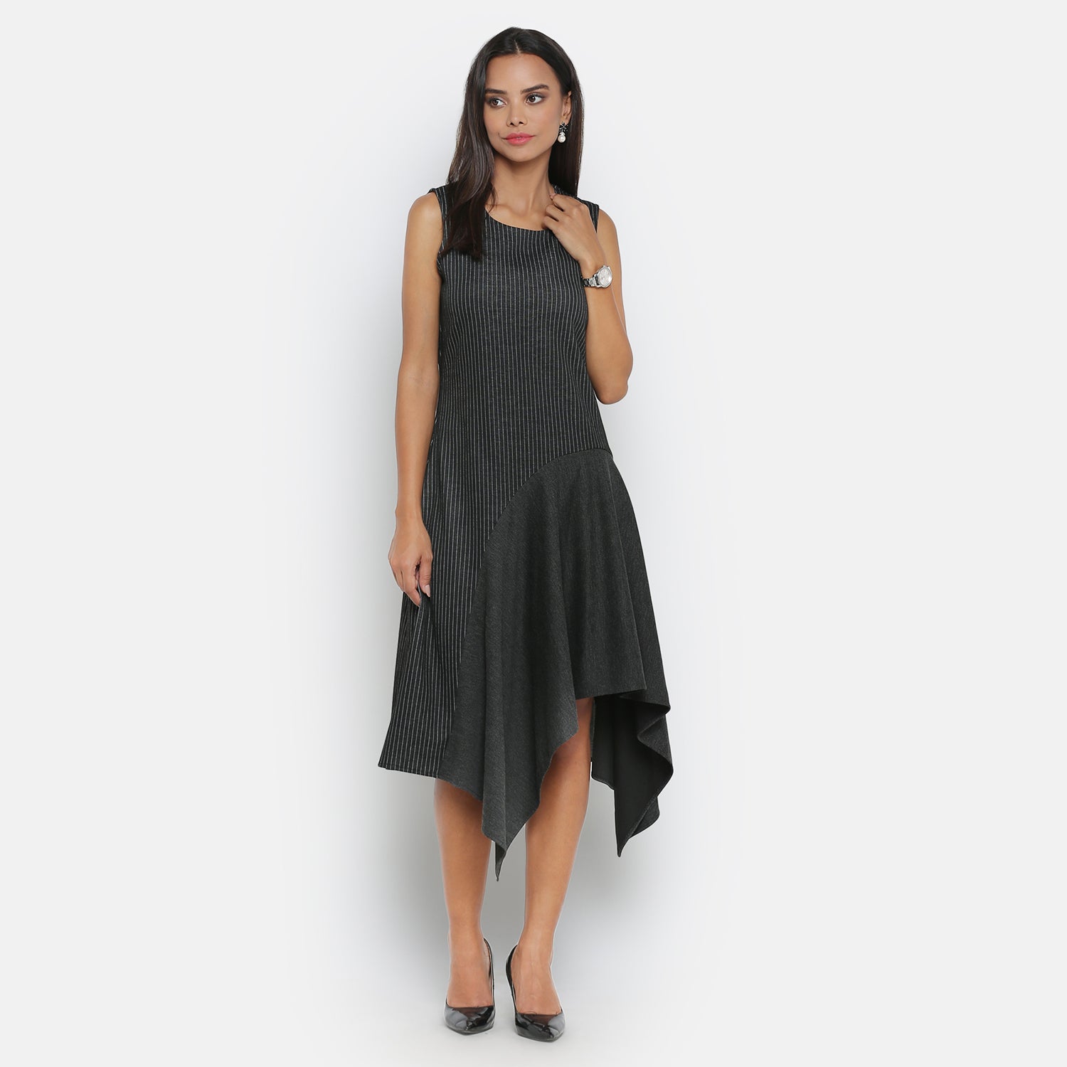 Black Line & Dark Grey Asymmetric Dresses for Women-1