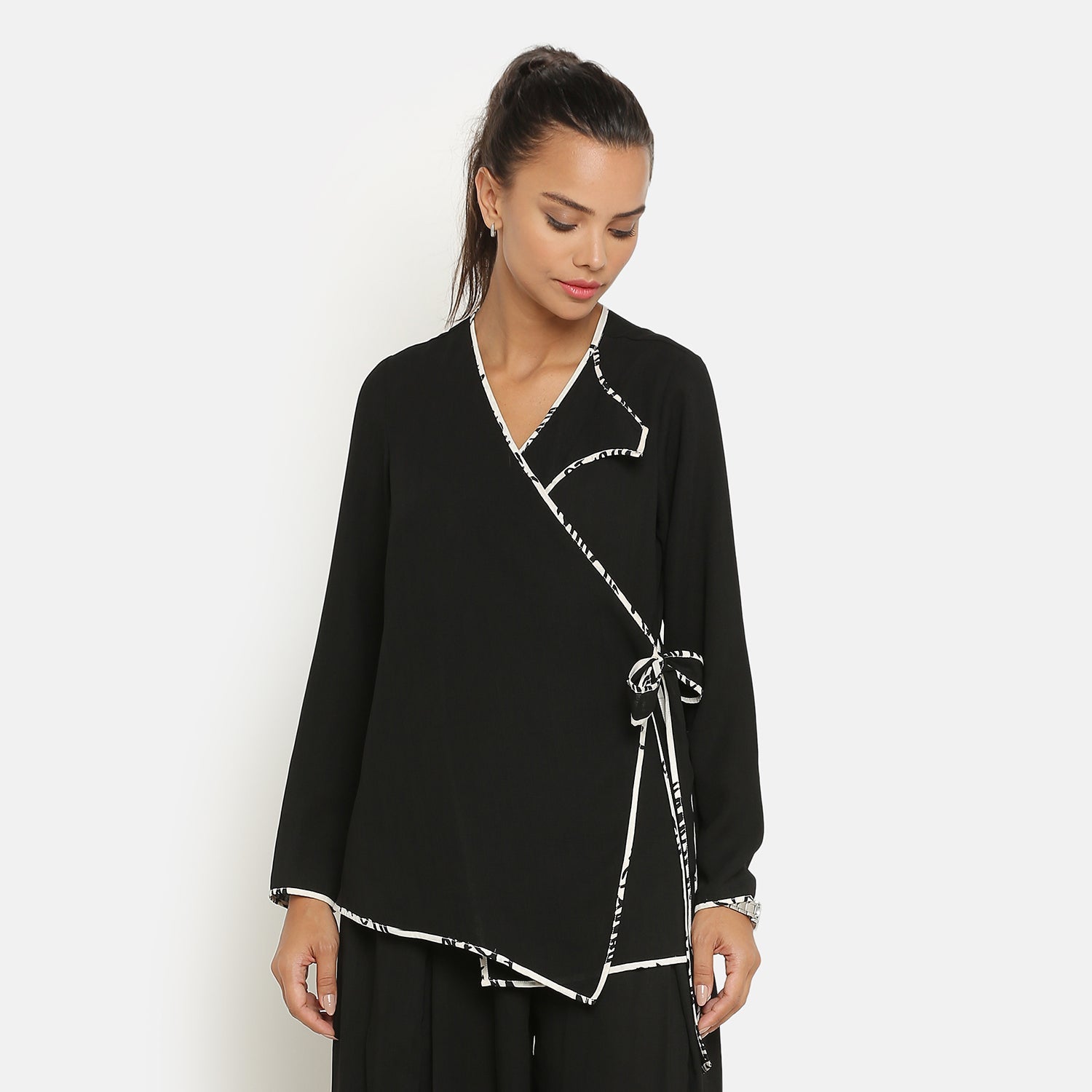 Black Overlap Jacket with Side Knot for Women