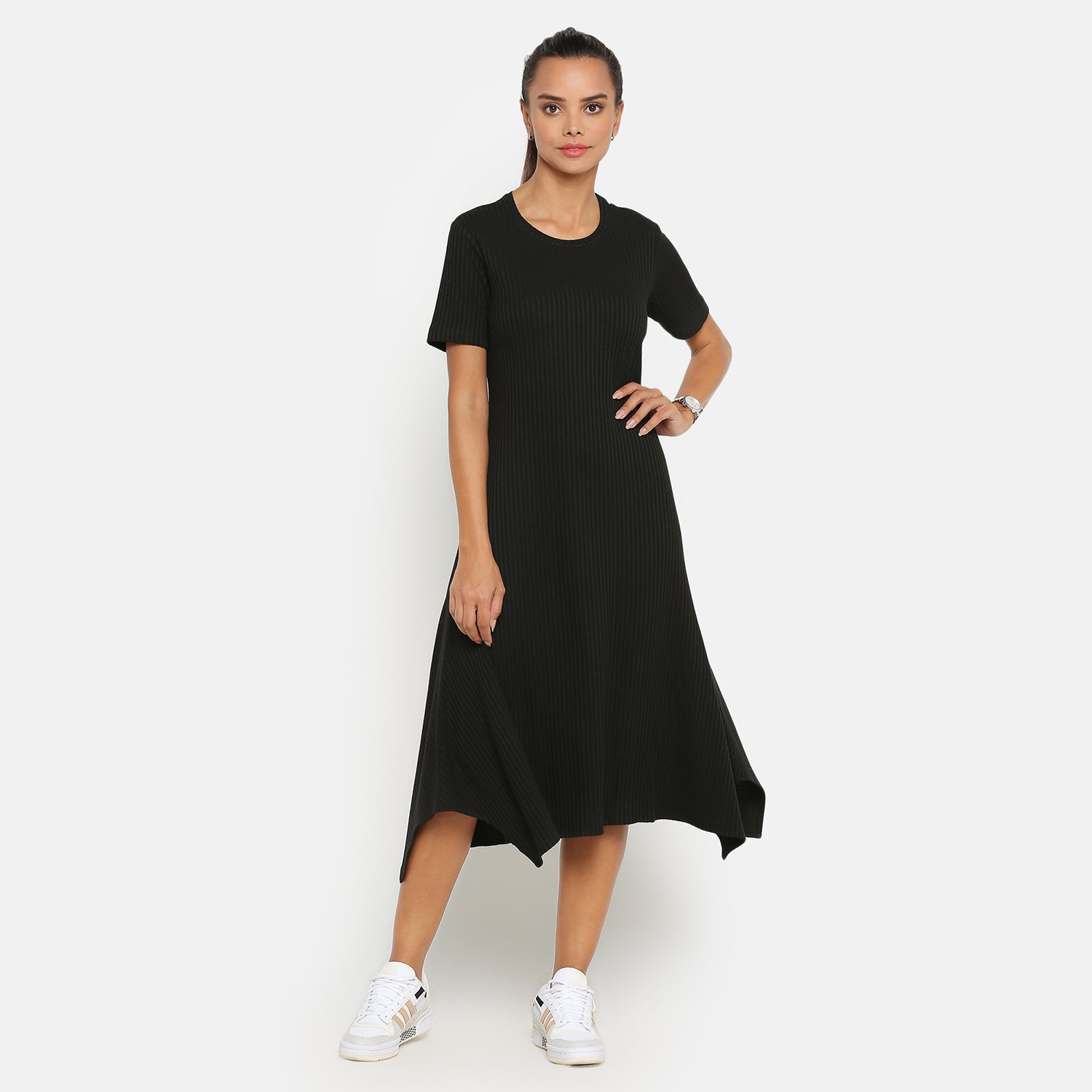 Black Ribbed Asymmetrical Dresses for Women-1