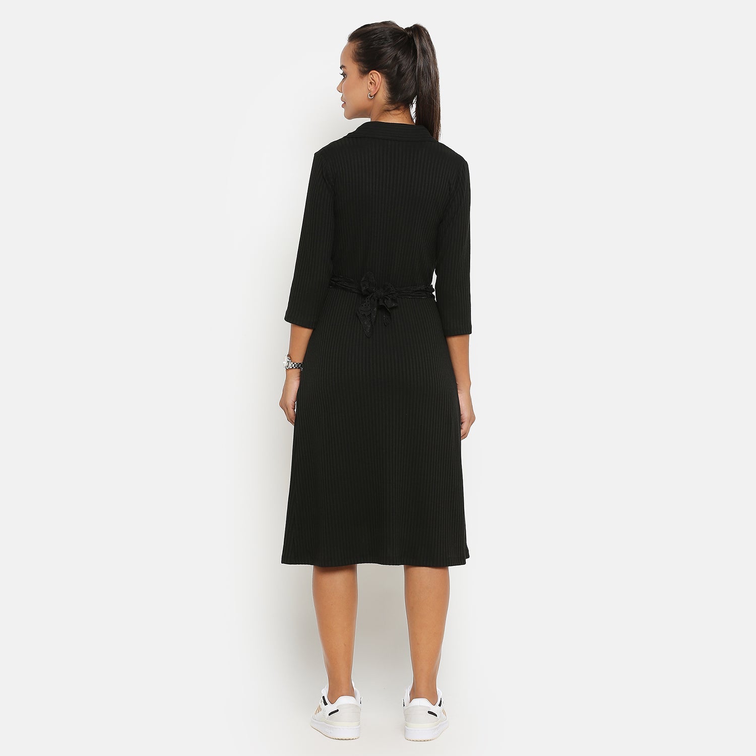 Black Ribbed Long Shrug for Women-2