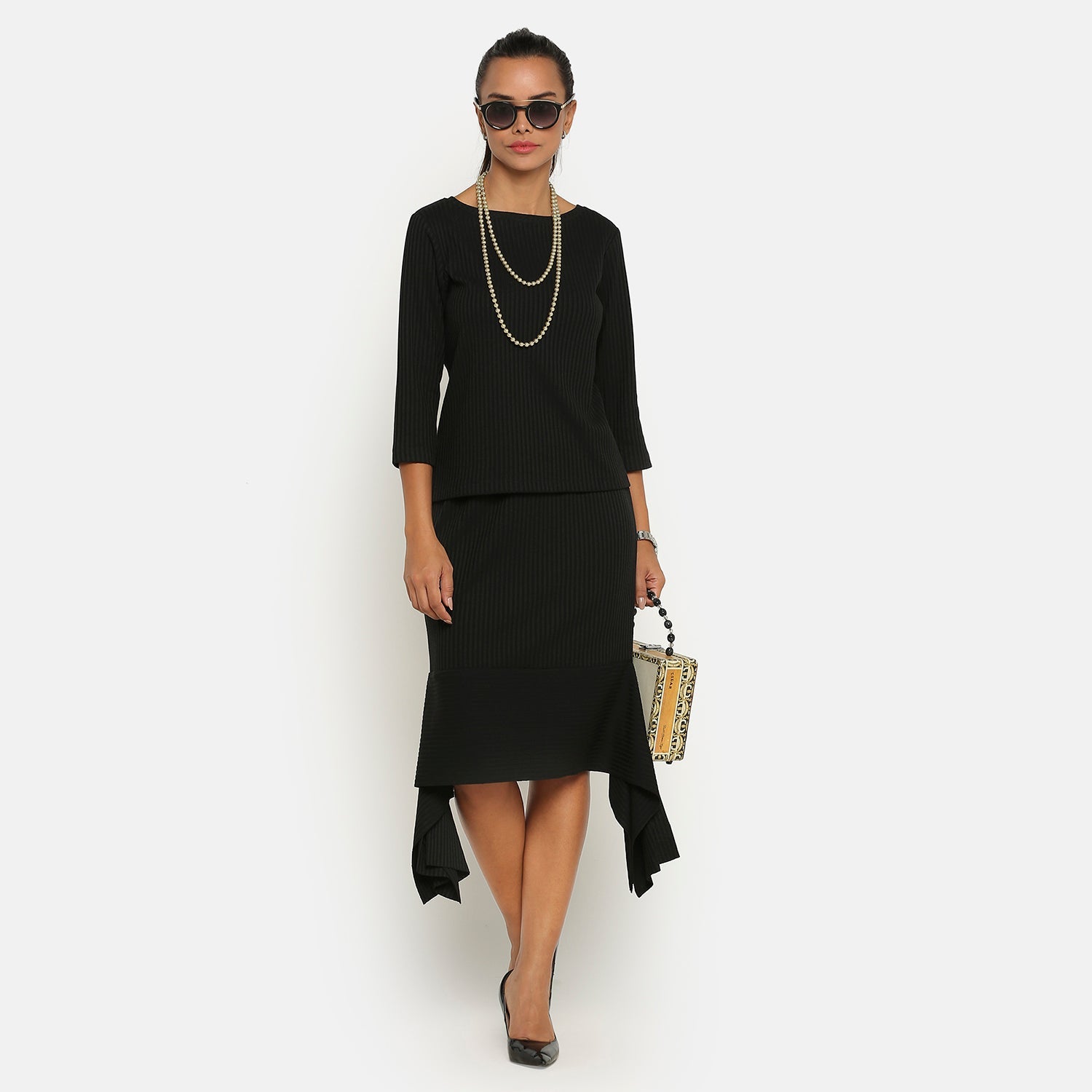 Black Ribbed Skirt, frocks for women
indian designer skirts?