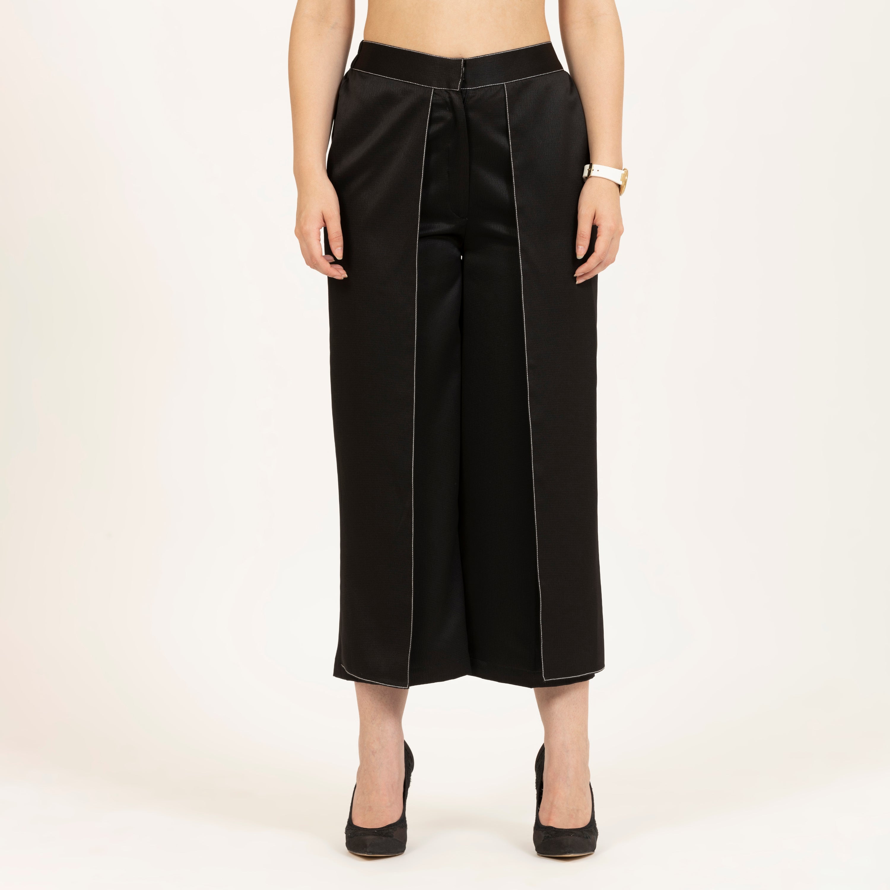 Black Texture Satin Flap Plazzo With Top Stitching, Plazzo pants for women, pants for women, black plazzo for women india, best plazzo online