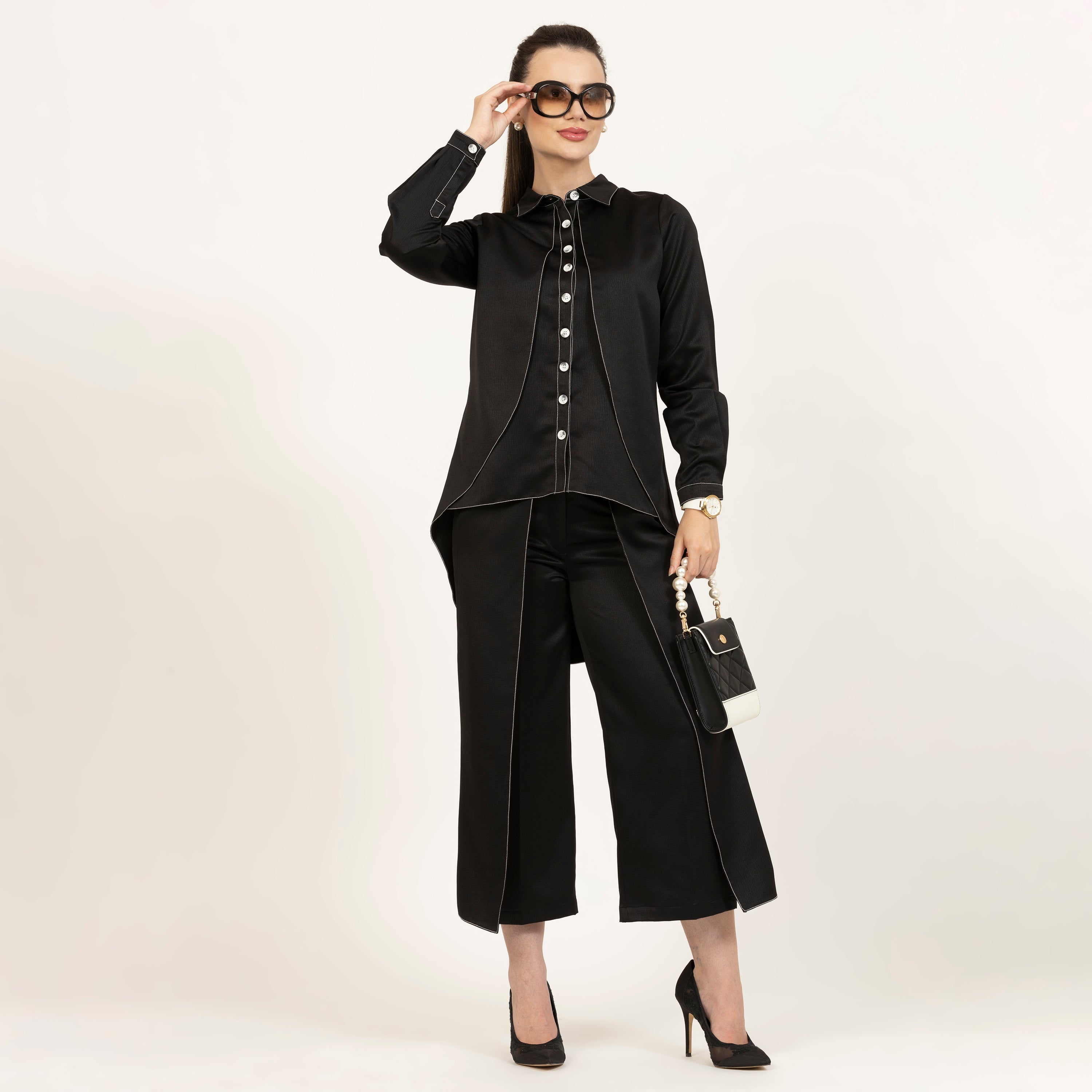 Black Texture Satin Flap Plazzo With Top Stitching, Plazzo pants for women, pants for women, black plazzo for women india, best plazzo online