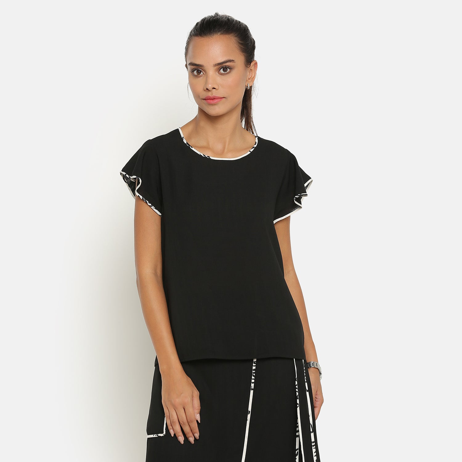 Black Top with Side Frill and Contrast Piping
