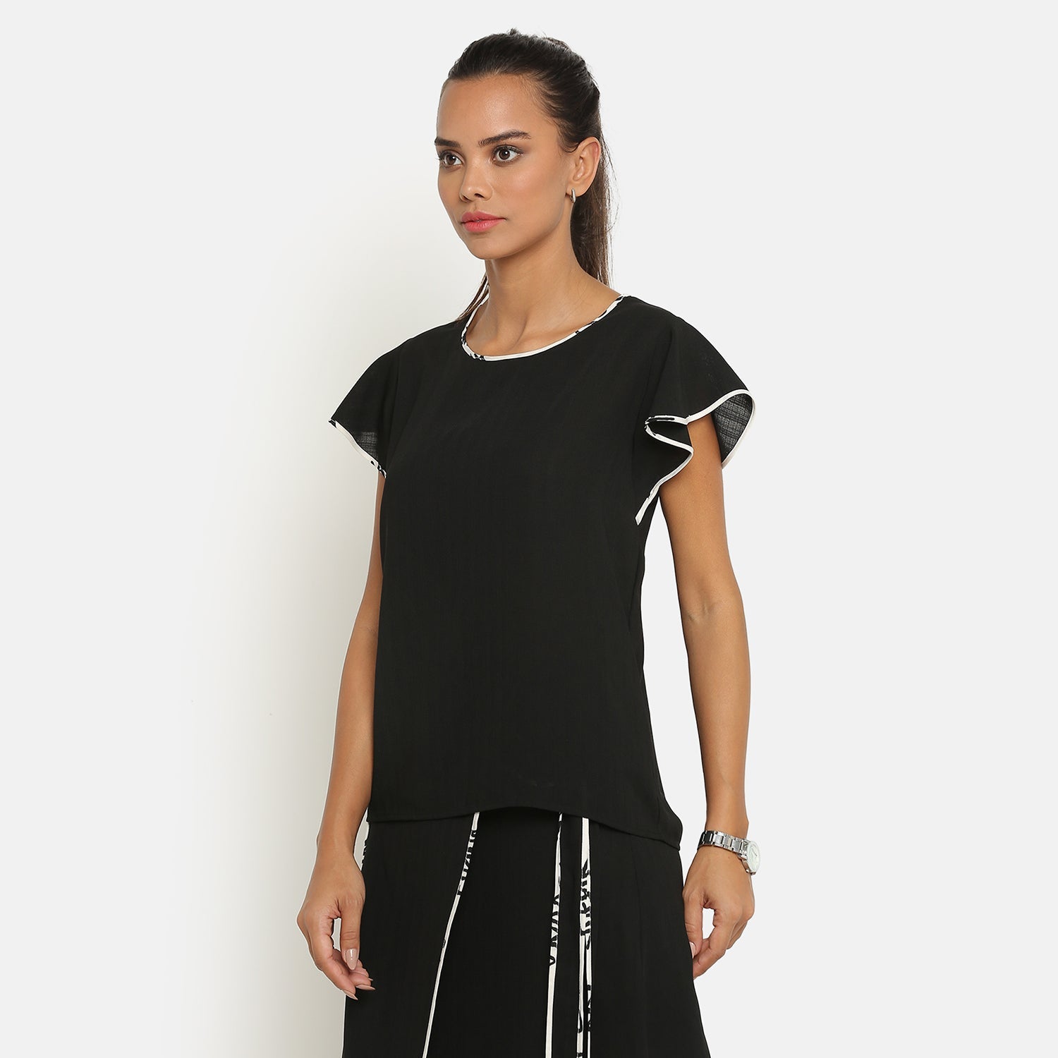 Black Top With Frill on Side Seam With Contrast Pining, formal tops for women
tops for women stylish
office dress for women
stylish tops for women