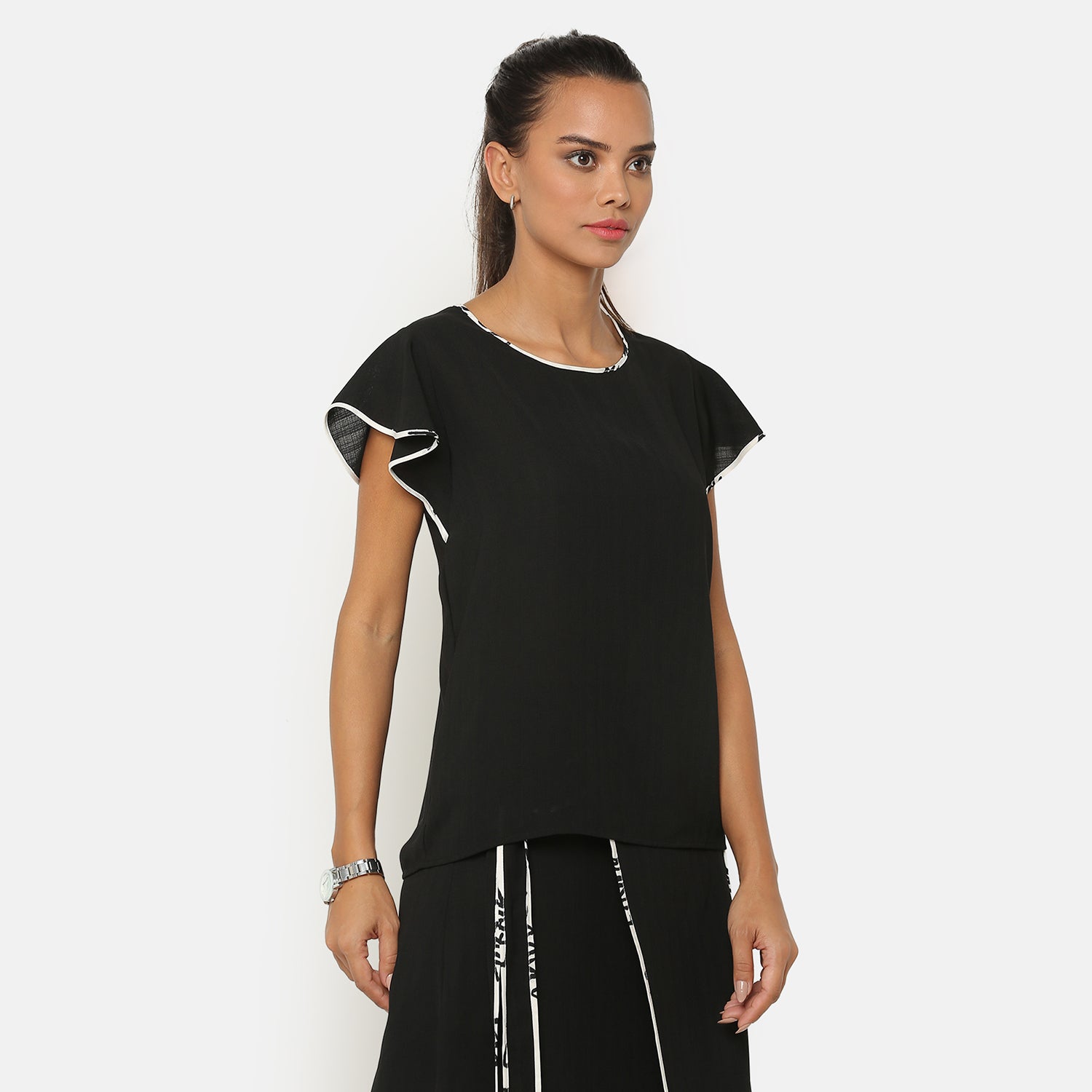 Black Top With Frill on Side Seam With Contrast Pining, formal tops for women
tops for women stylish
office dress for women
stylish tops for women