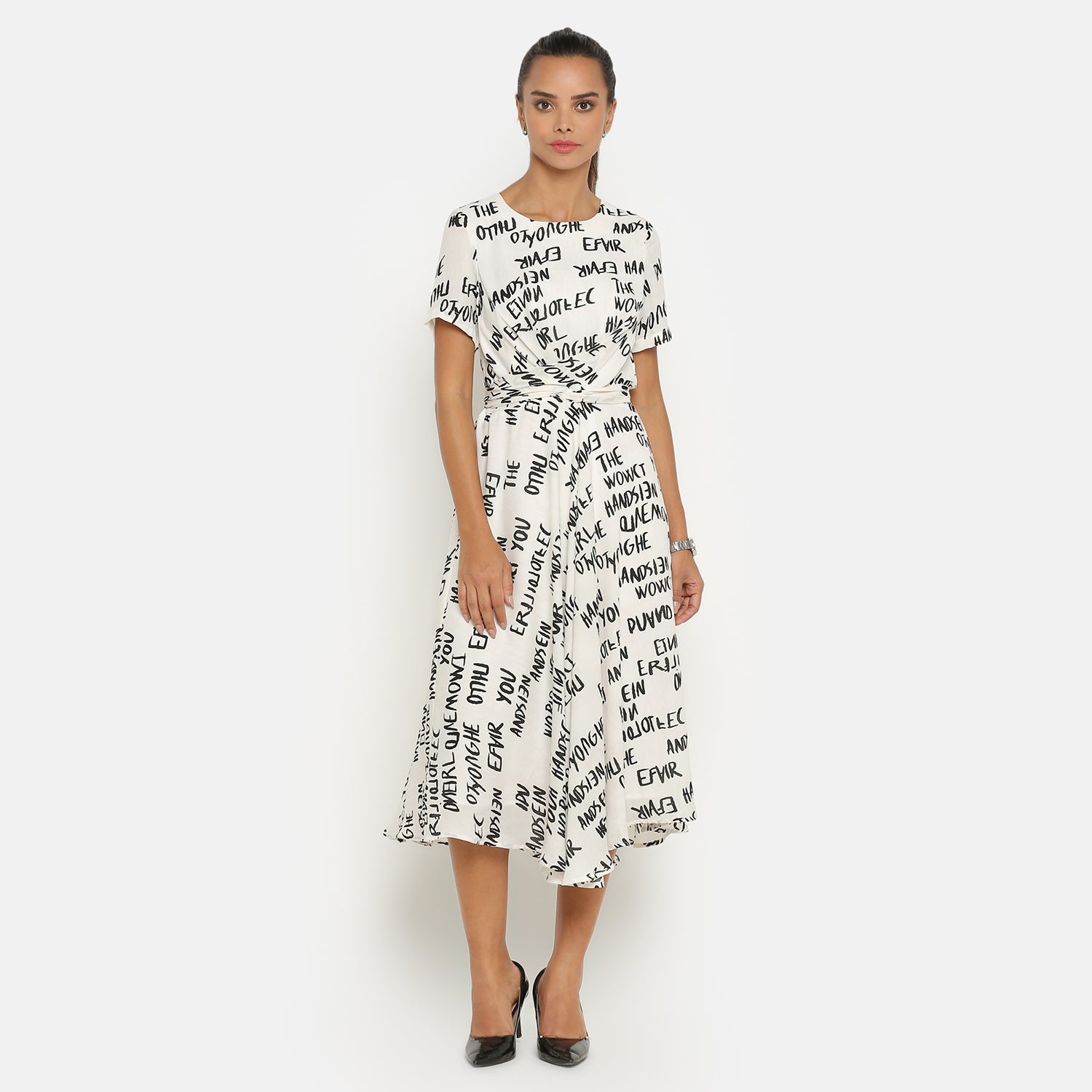 Black & White Printed Dress With Front Tie Knot, dress for women, stylish dress for women, one piece for women dress, office wear women