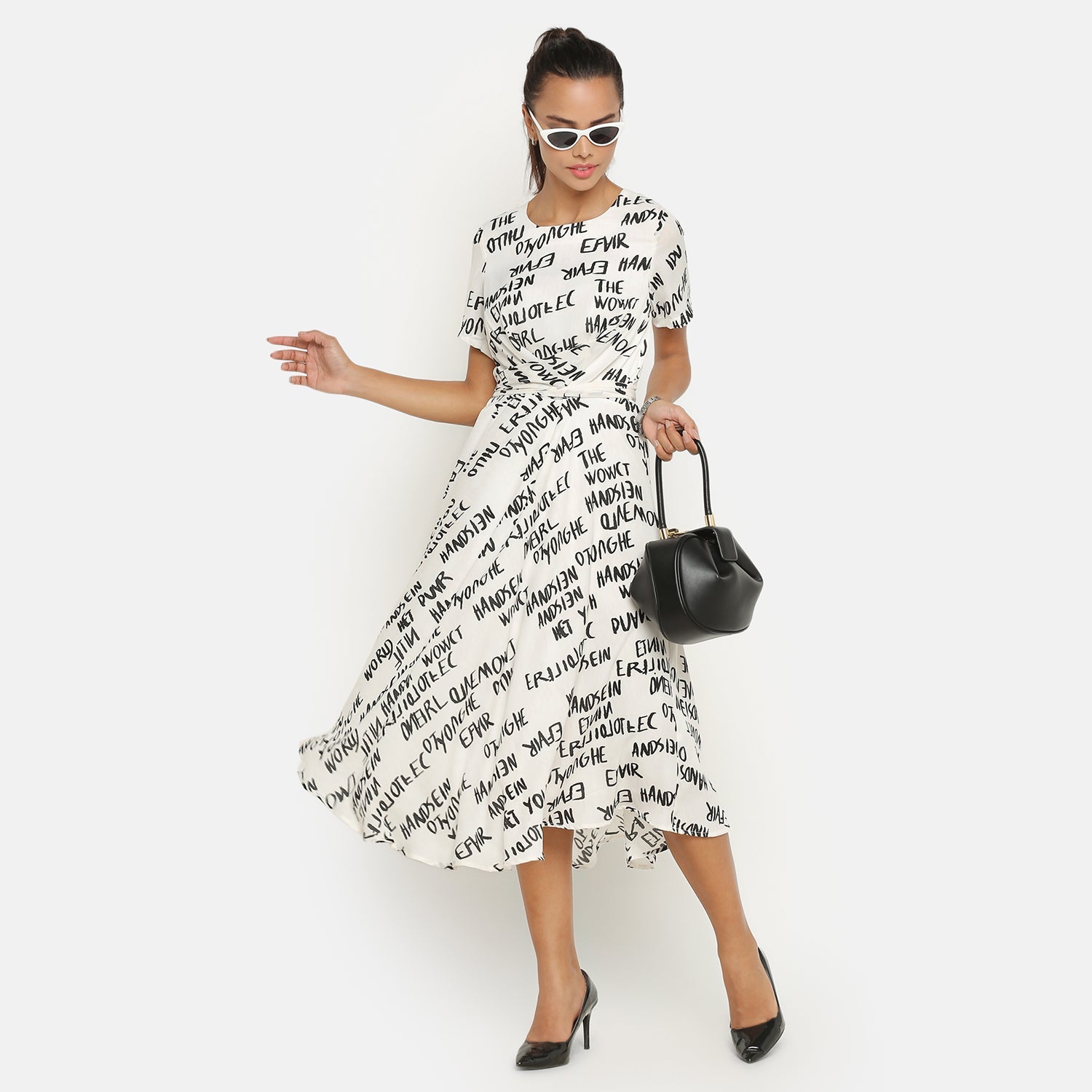Black & White Printed Dress With Front Tie Knot,dress for women, stylish dress for women, one piece for women dress, office wear women
