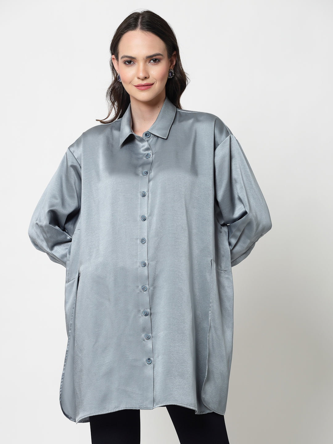 Bluish Grey Satin Oversize Long Shirt,womens formal shirts
cotton shirts for women
Ofiice shirts for women