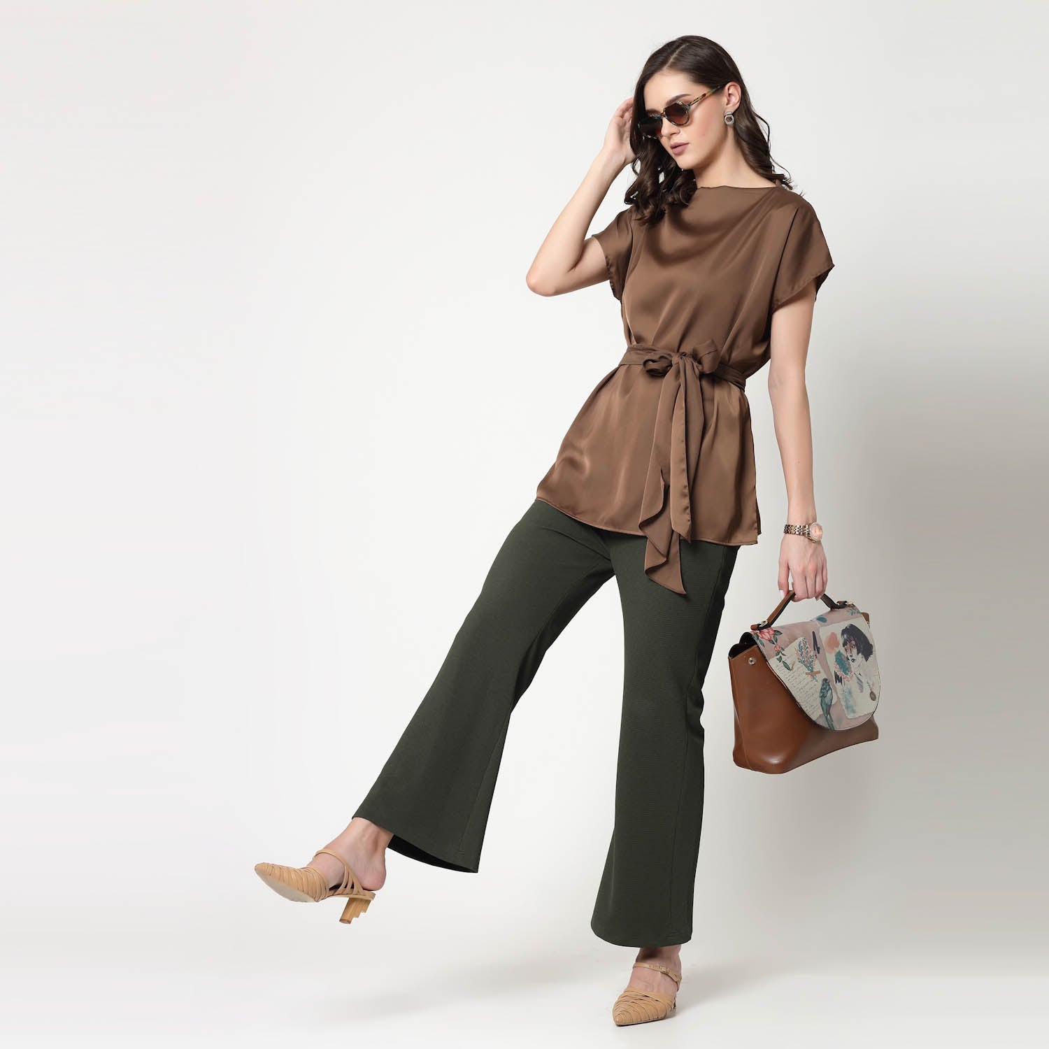 Brown Satin Long Top With Belt, formal tops for women