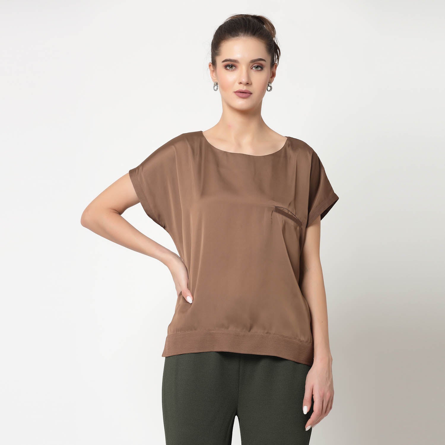 Brown Top With Quilting & Pocket,formal tops for women