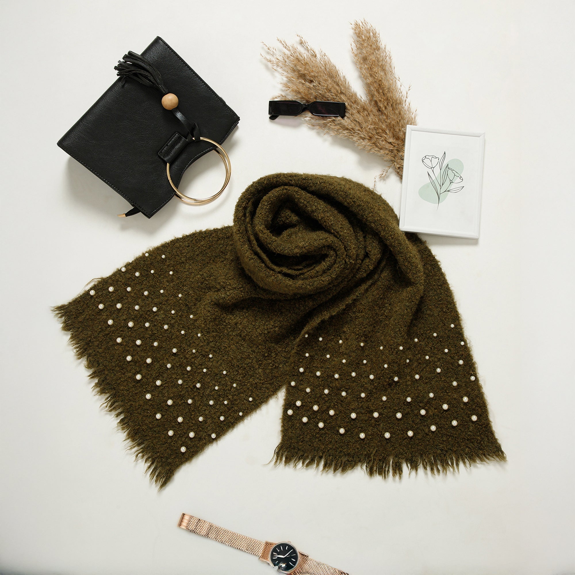 Olive Green Stole with Pearl
