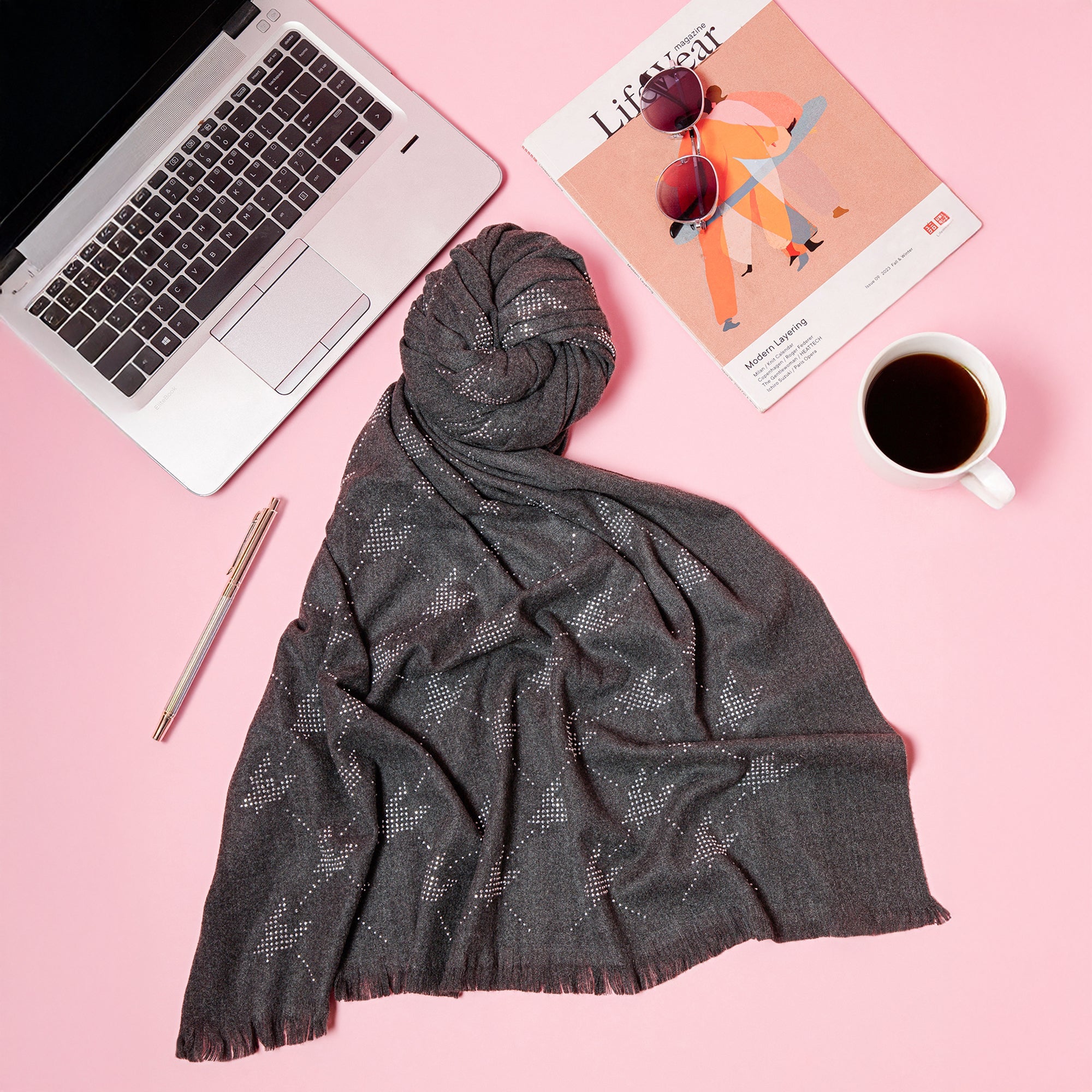 Grey Stole With Silver Crystal Studs