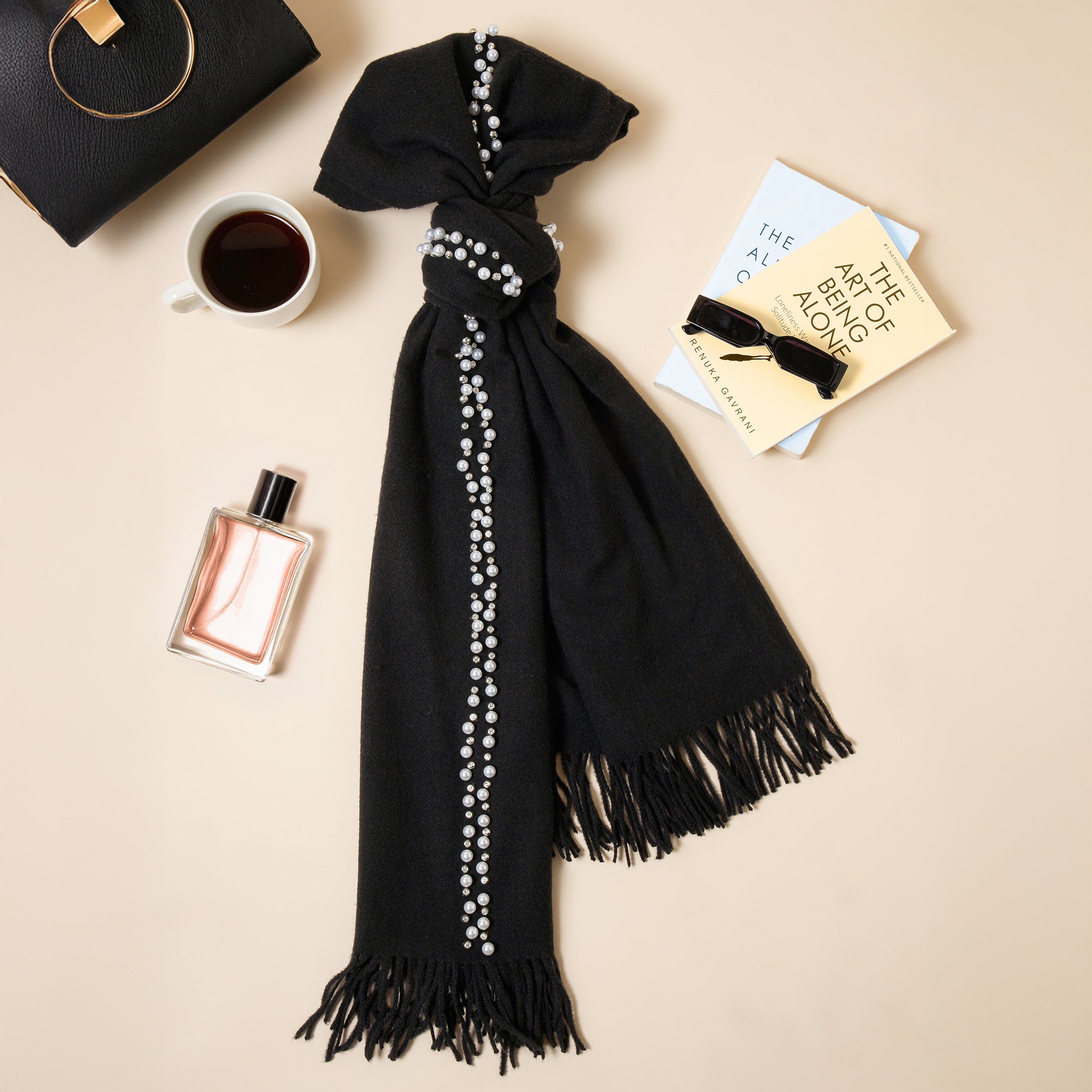 Black Stole with Crystal and Pearls-1