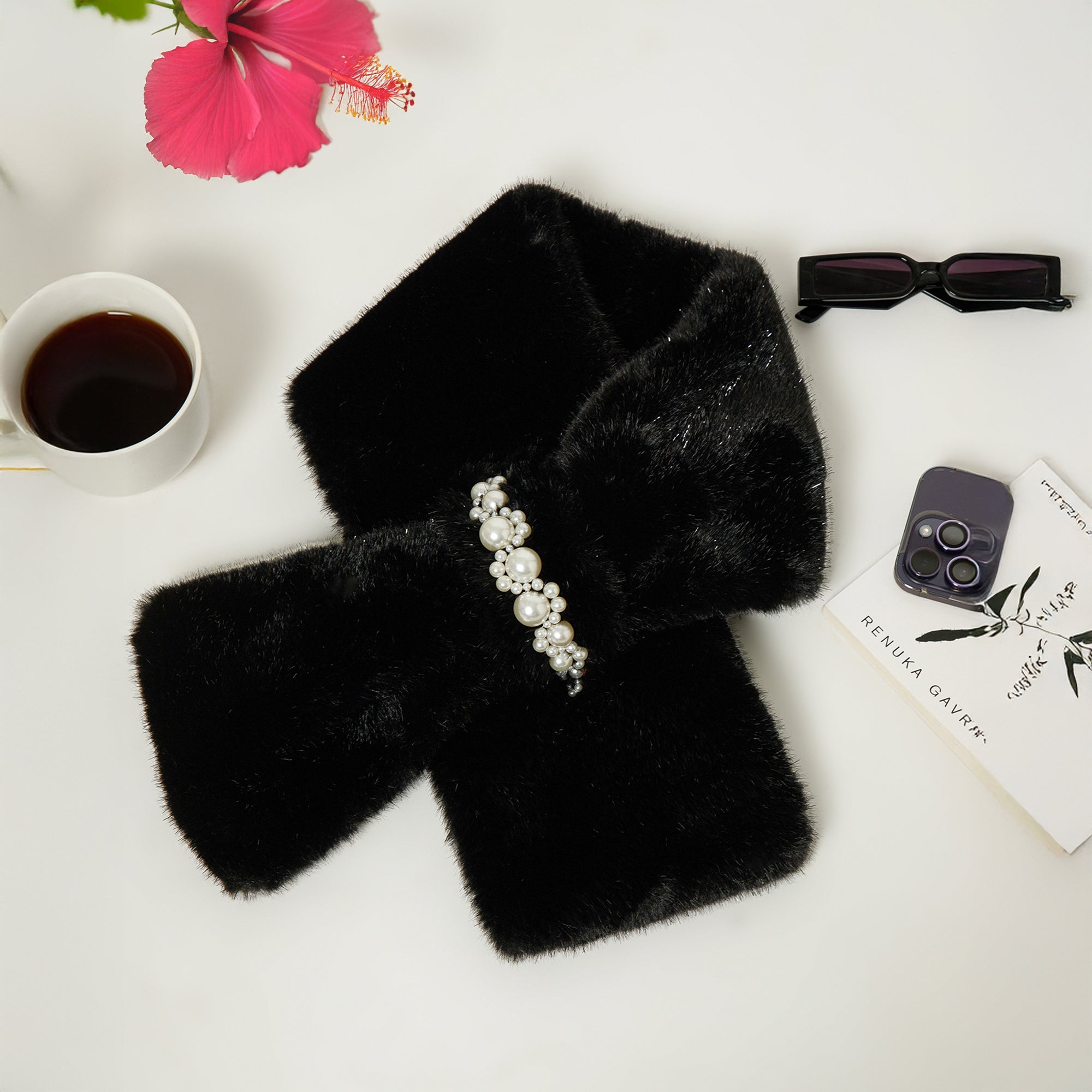 Black Collar Scarf with Pearl-1