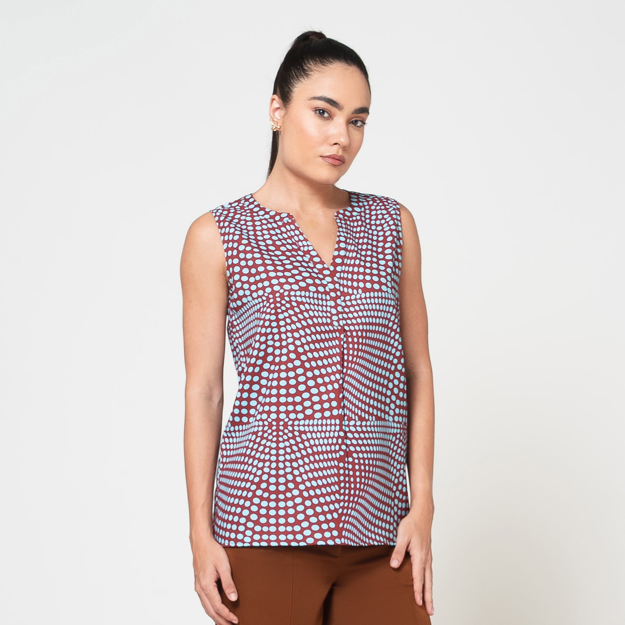 Blue and Brown Polka Print Crepe Top