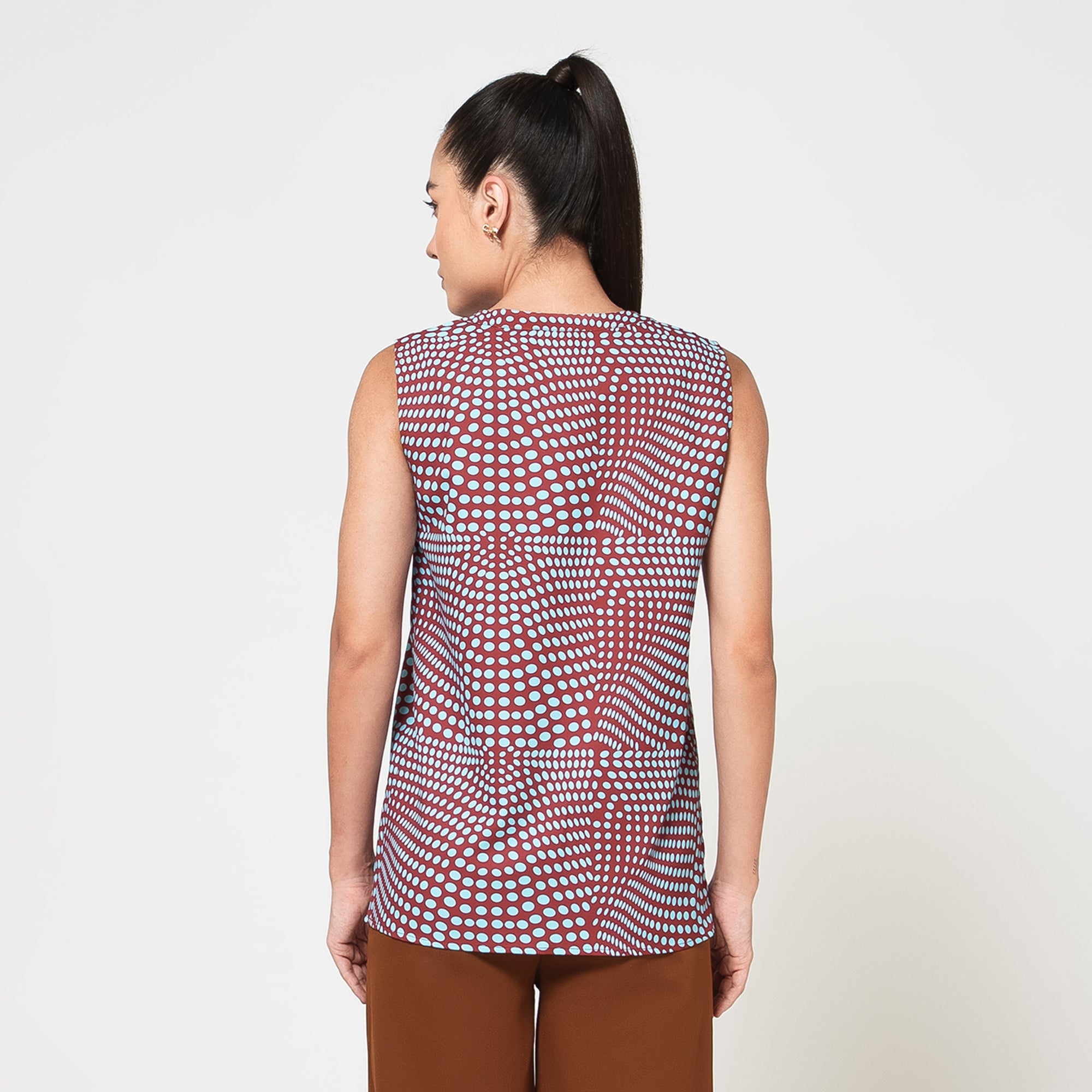 Blue and Brown Polka Print Crepe Top