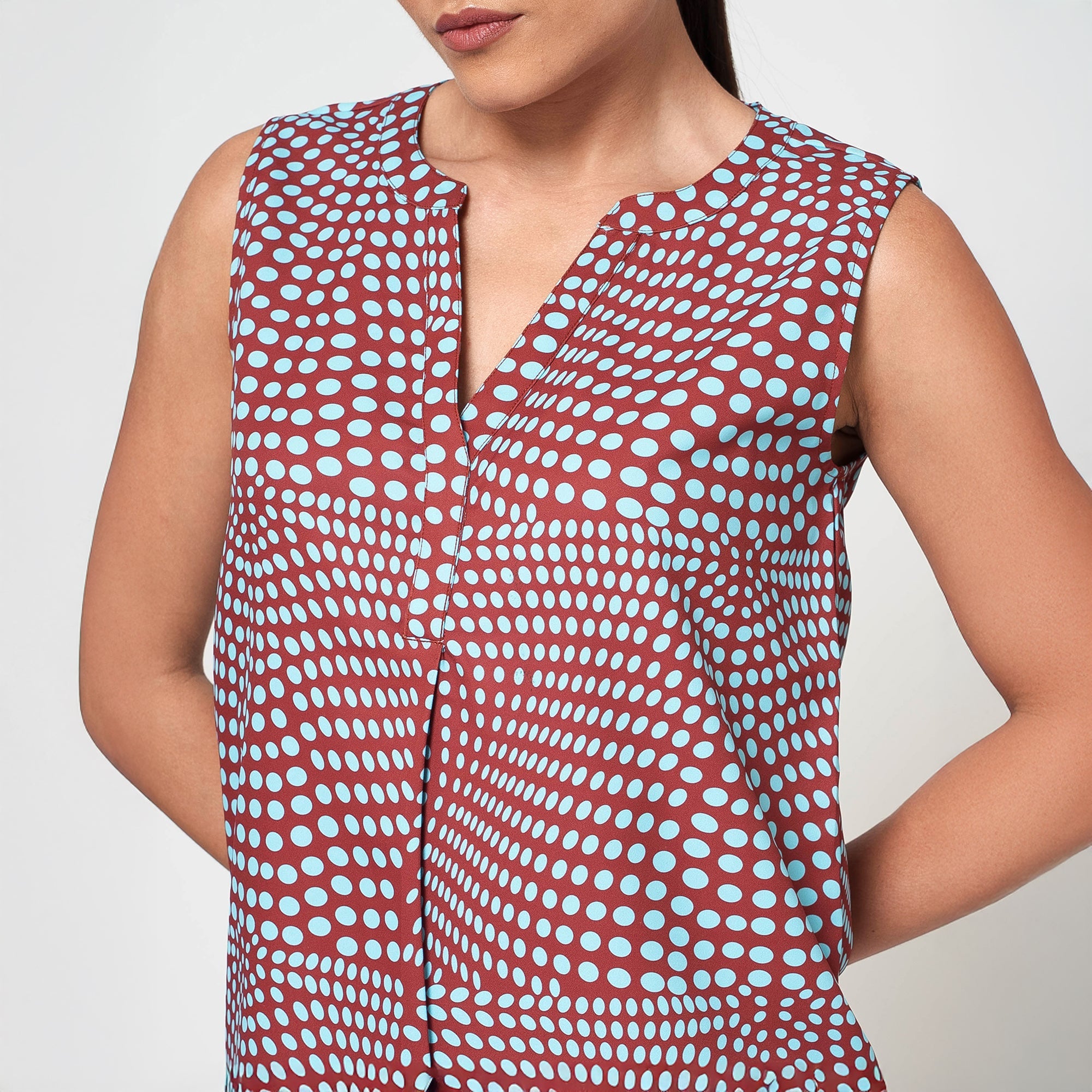 Blue and Brown Polka Print Crepe Top