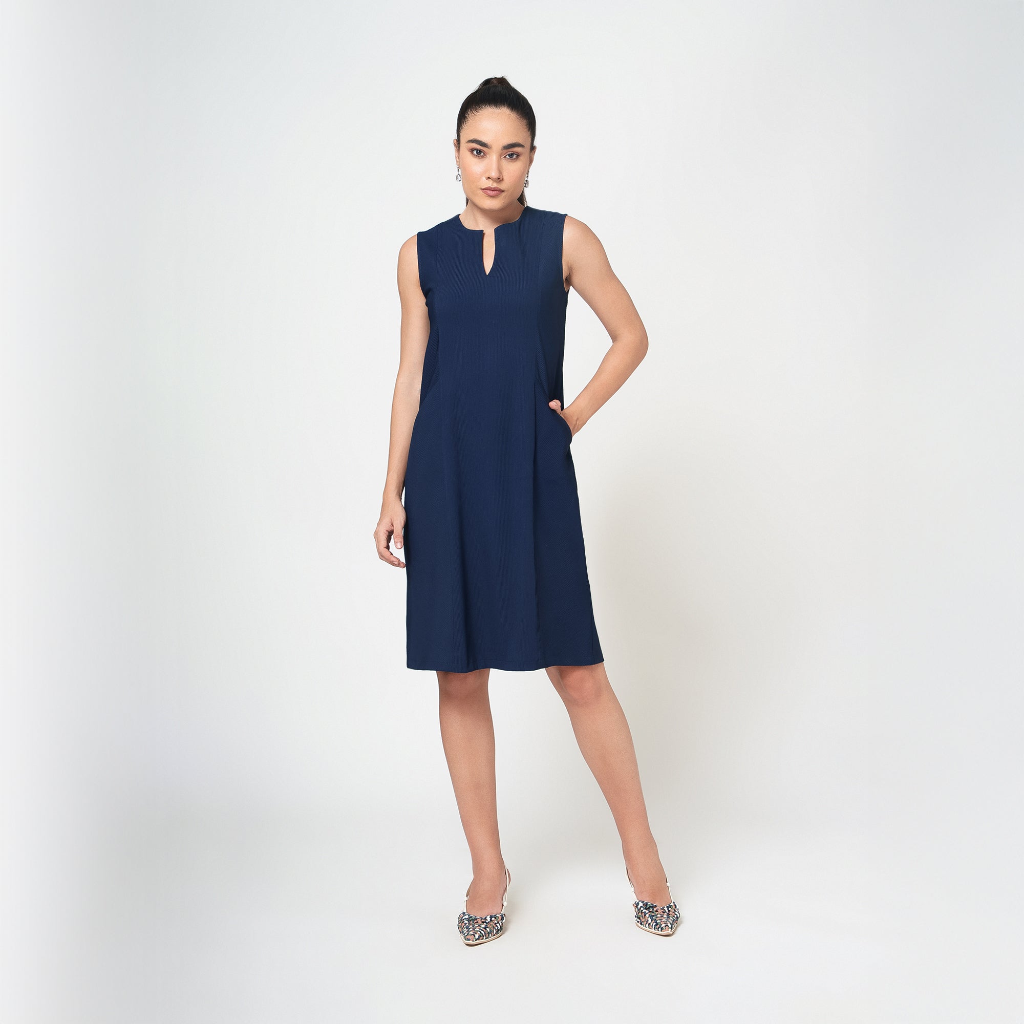 Navy Blue Textured Dress With Pockets