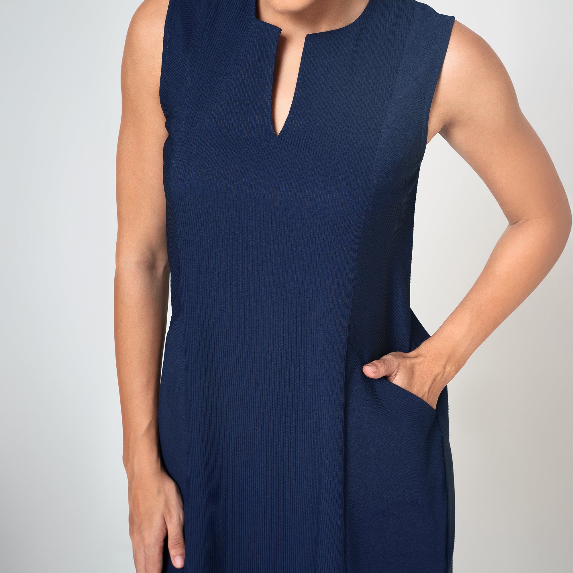 Navy Blue Textured Dress With Pockets