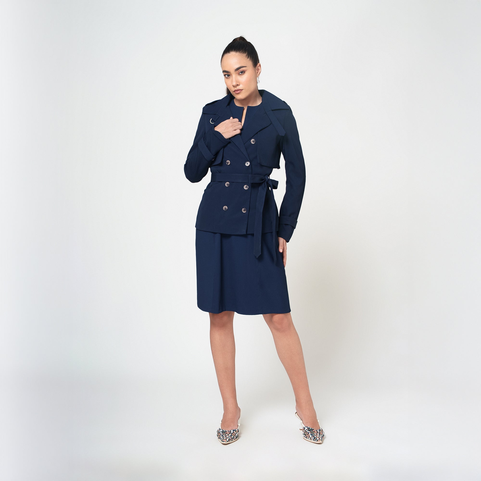 Navy Blue Textured Flap Overlap Jacket With Belt