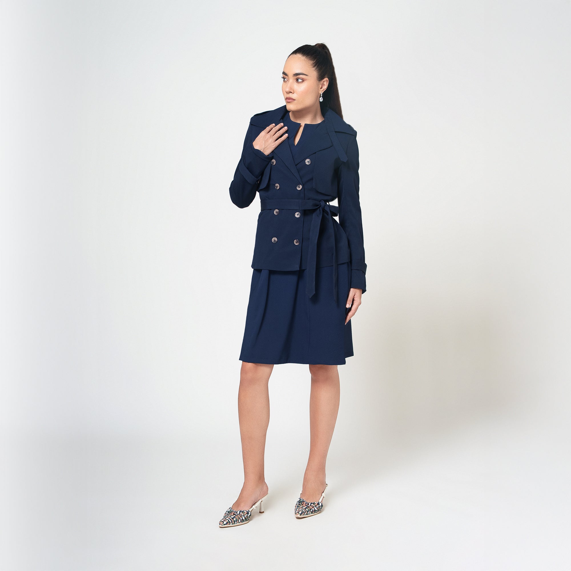 Navy Blue Textured Flap Overlap Jacket With Belt
