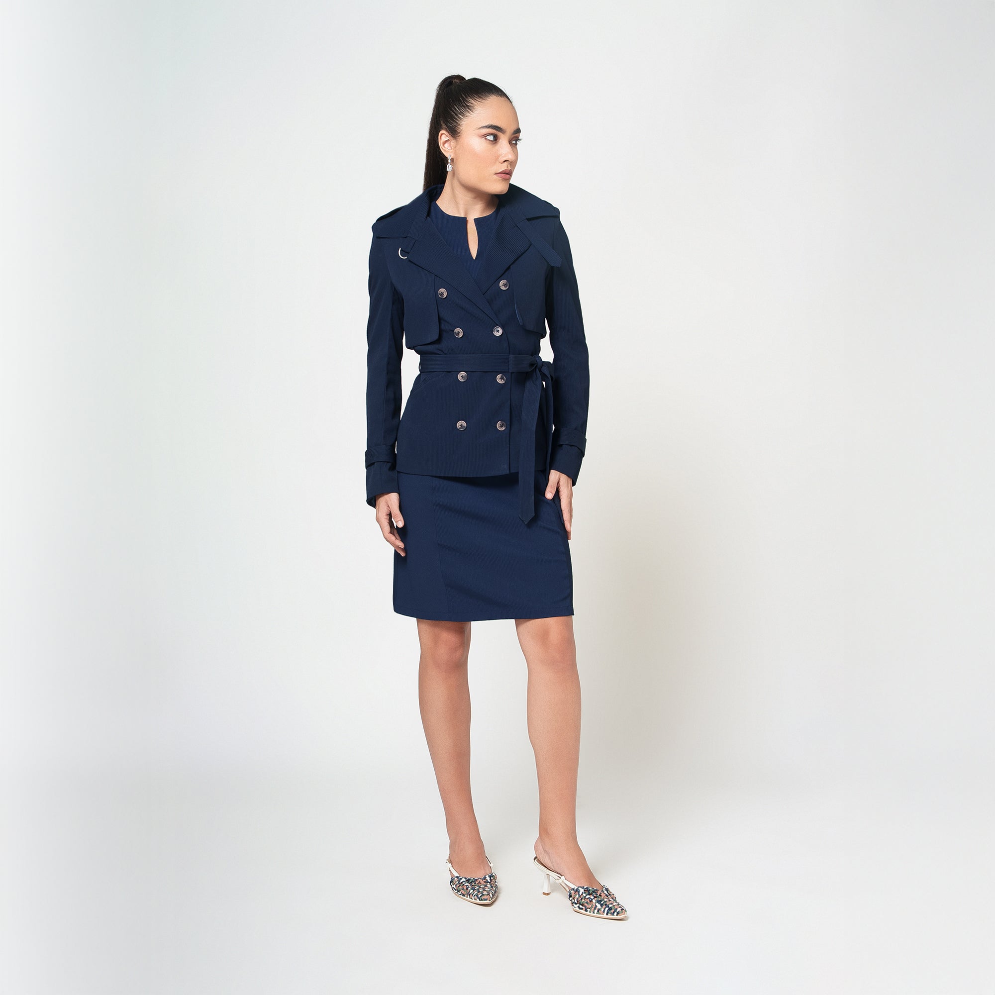 Navy Blue Textured Flap Overlap Jacket With Belt