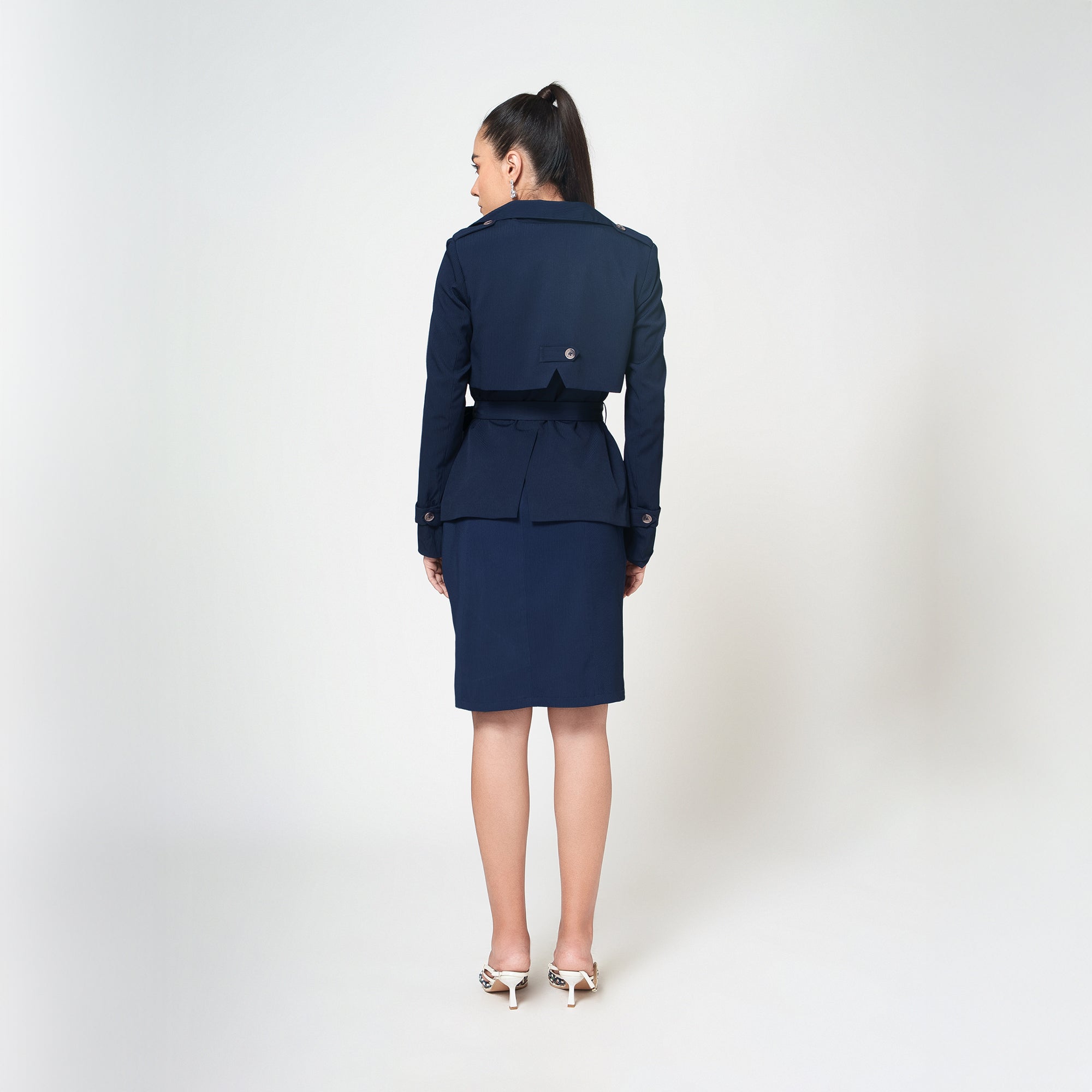 Navy Blue Textured Flap Overlap Jacket With Belt