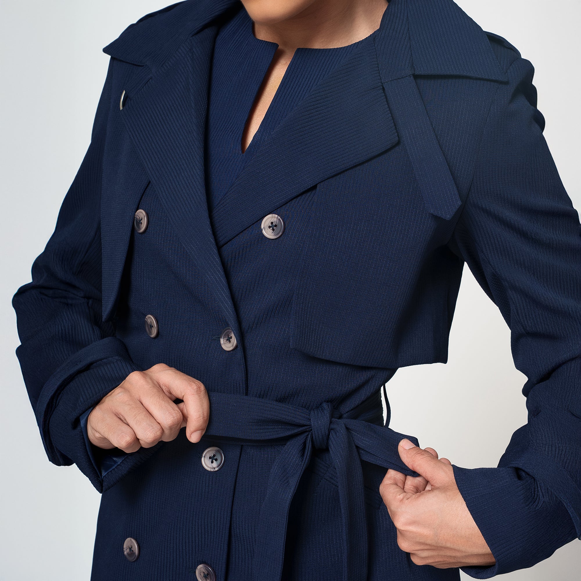 Navy Blue Textured Flap Overlap Jacket With Belt
