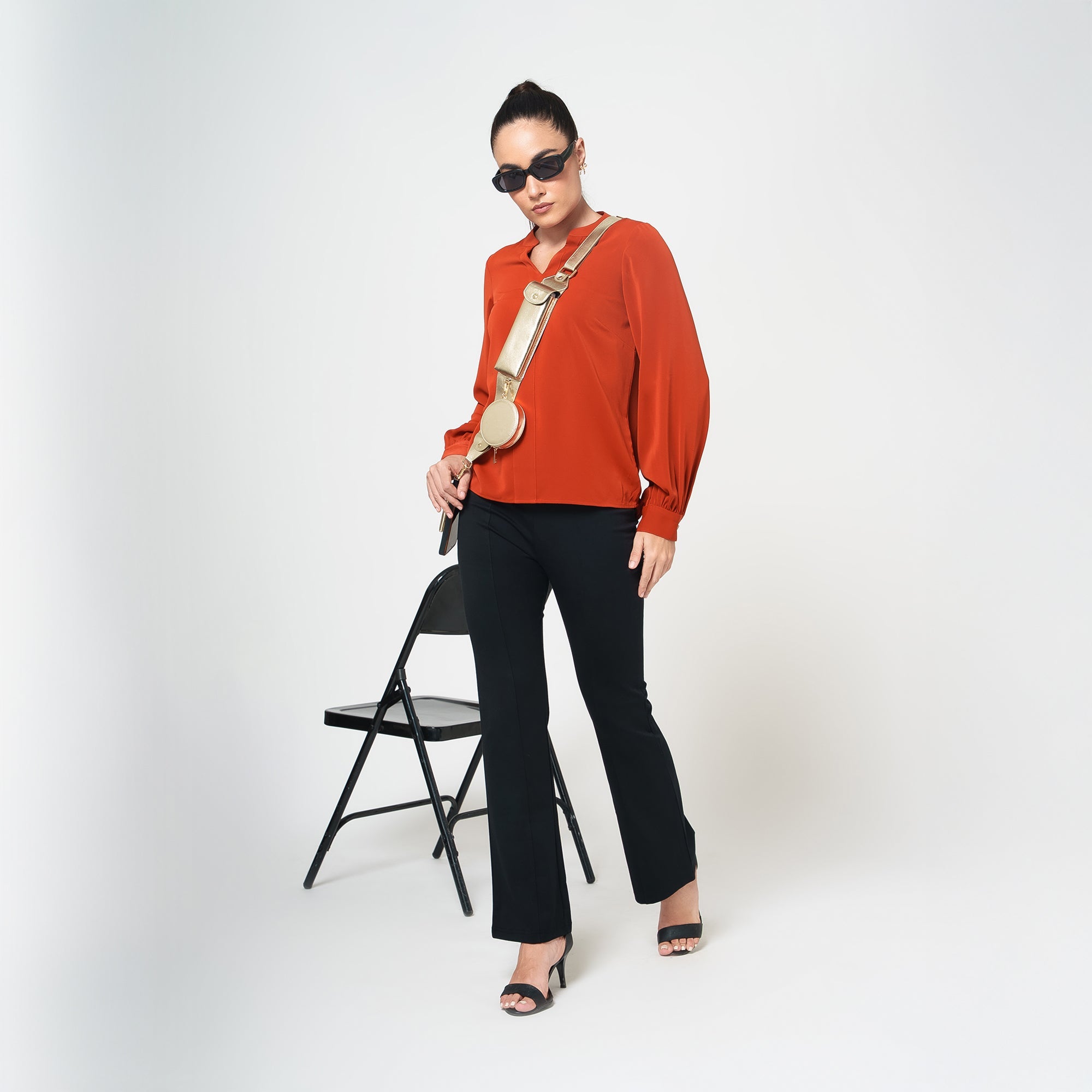 Orange Crepe Full Sleeves Top