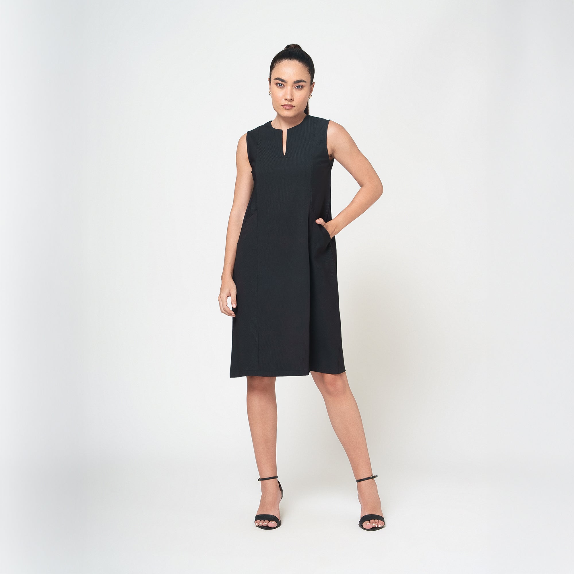 Black Textured Dress With Pockets